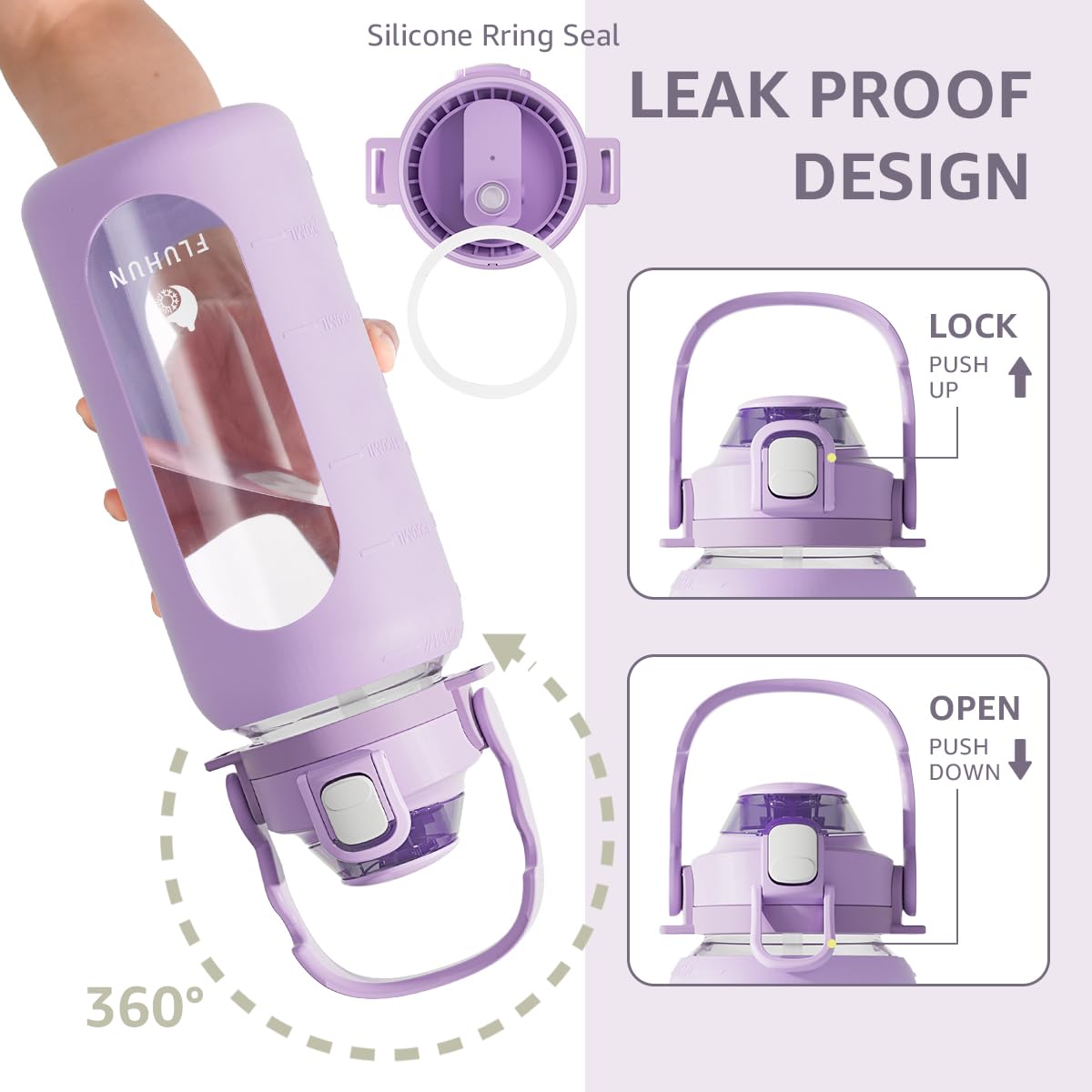 64Oz Glass Water Bottle with Straw Lid & Handle - Half Gallon Motivational Water Bottle with Time Marker, Silicone Sleeve & Strap - Large Sport Water Jug for Gym, Hiking, Office & Outdoor Activities (Purple)