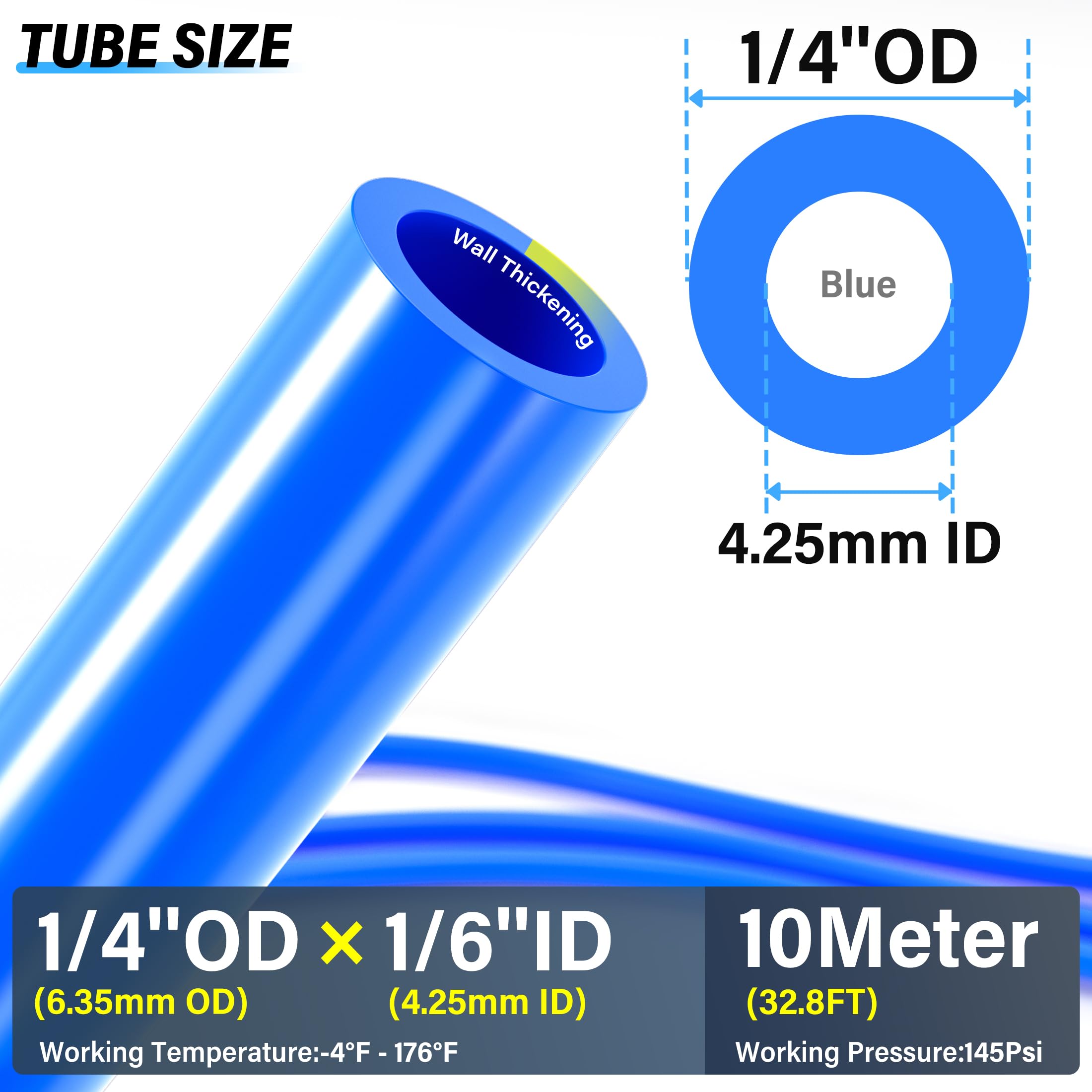 TAILONZ PNEUMATIC Blue 1/4 Inch OD 10 Meters PU Air Hose - High Pressure Flexible Polyurethane Tube for Air Compressor, Pneumatic Tools, and Fluid Transfer - Ideal for Industrial, Automotive, and DIY Projects