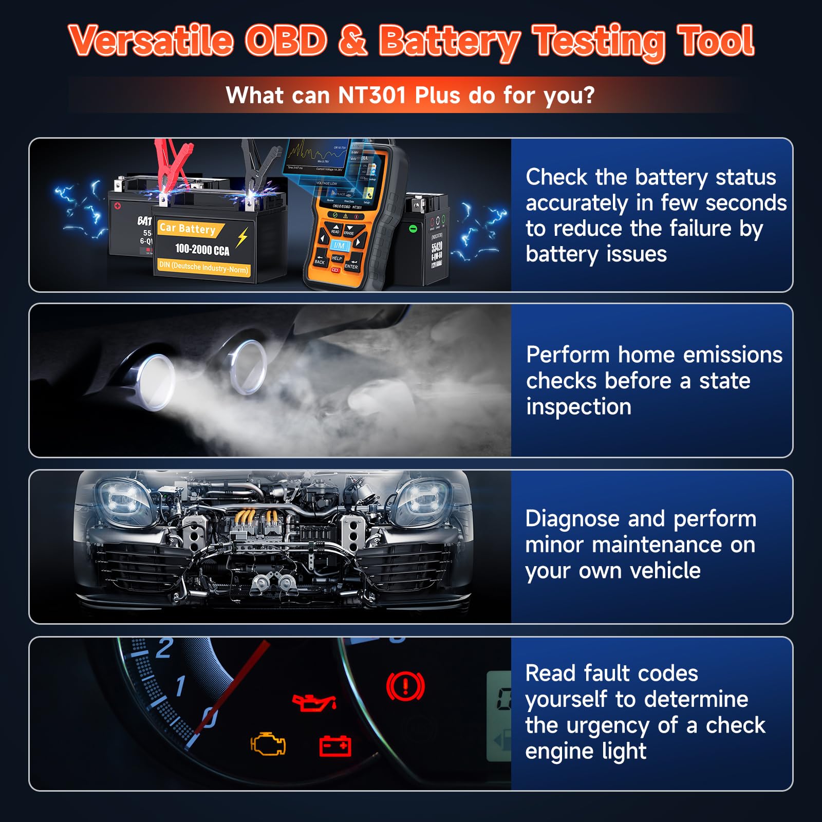 FOXWELL BT100 Pro 12V Car Battery Tester - Automotive Digital Battery Analyzer with NT301 Plus OBD2 Scanner - Perfect for Vehicle Maintenance & Diagnostics