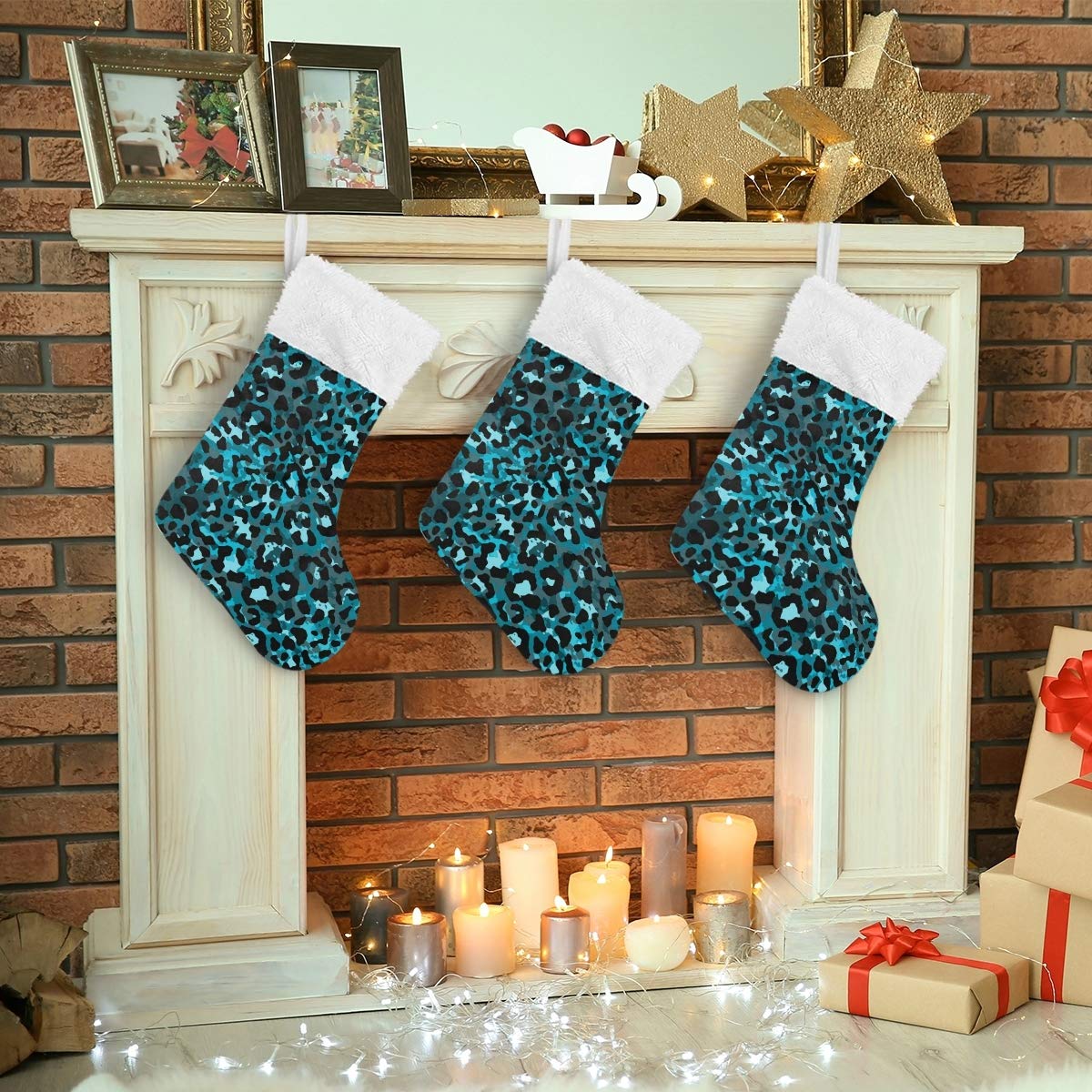 Fashion Teal Green Leopard Print Faux Fur Christmas Stockings - 17 Inch Large Hanging Socks for Fireplace, Holiday Decor, Xmas Party & Family Gatherings (1 Piece) - Perfect for Gift Exchanges, Stocking Stuffers & Festive Home Decoration