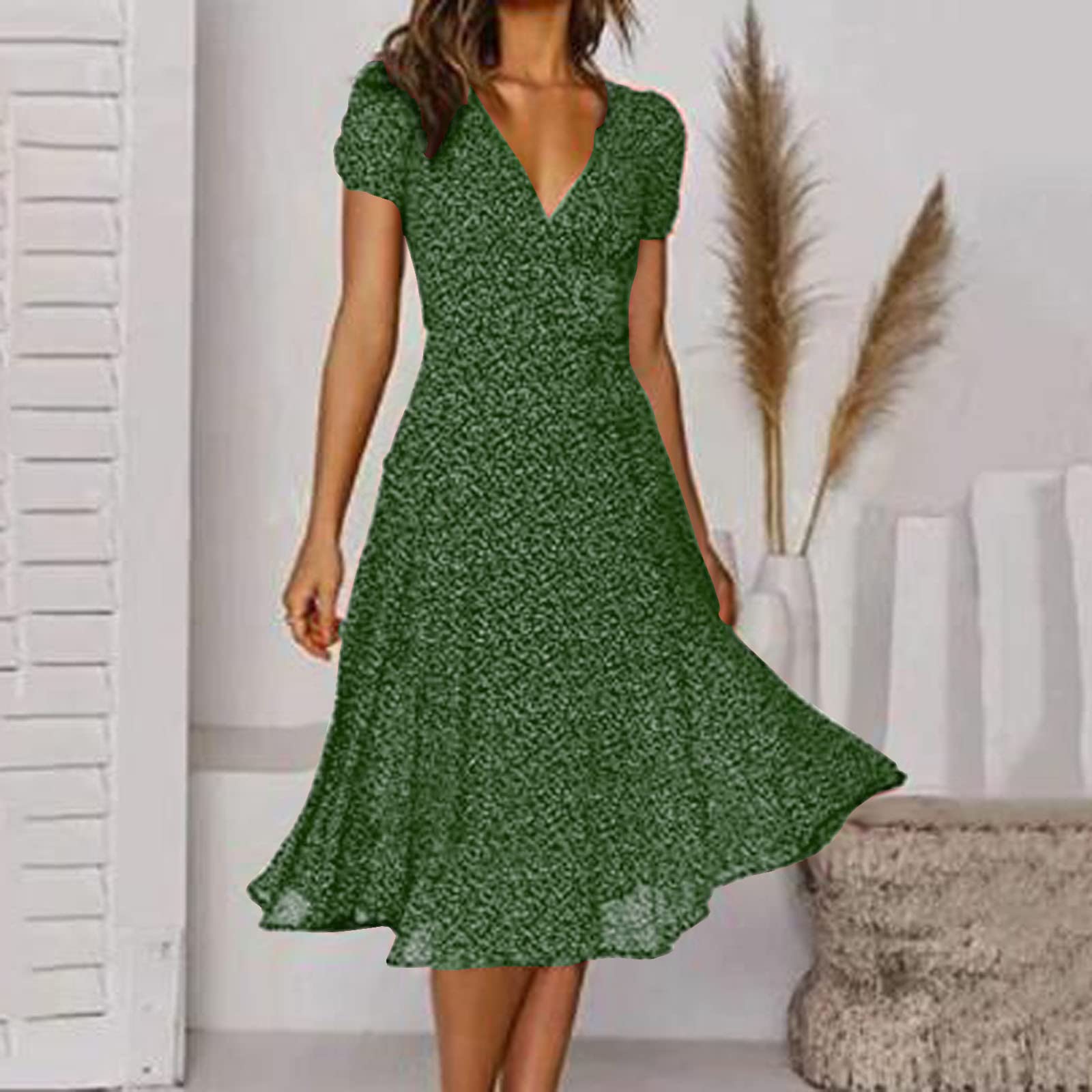 AMhomely Women's Summer Dresses - Elegant V-Neck Bandage Print Casual Short Sleeve Maxi Dress for Special Occasions | Plus Size & Petite Options | Perfect for Beach Vacations, Date Nights & Summer Parties