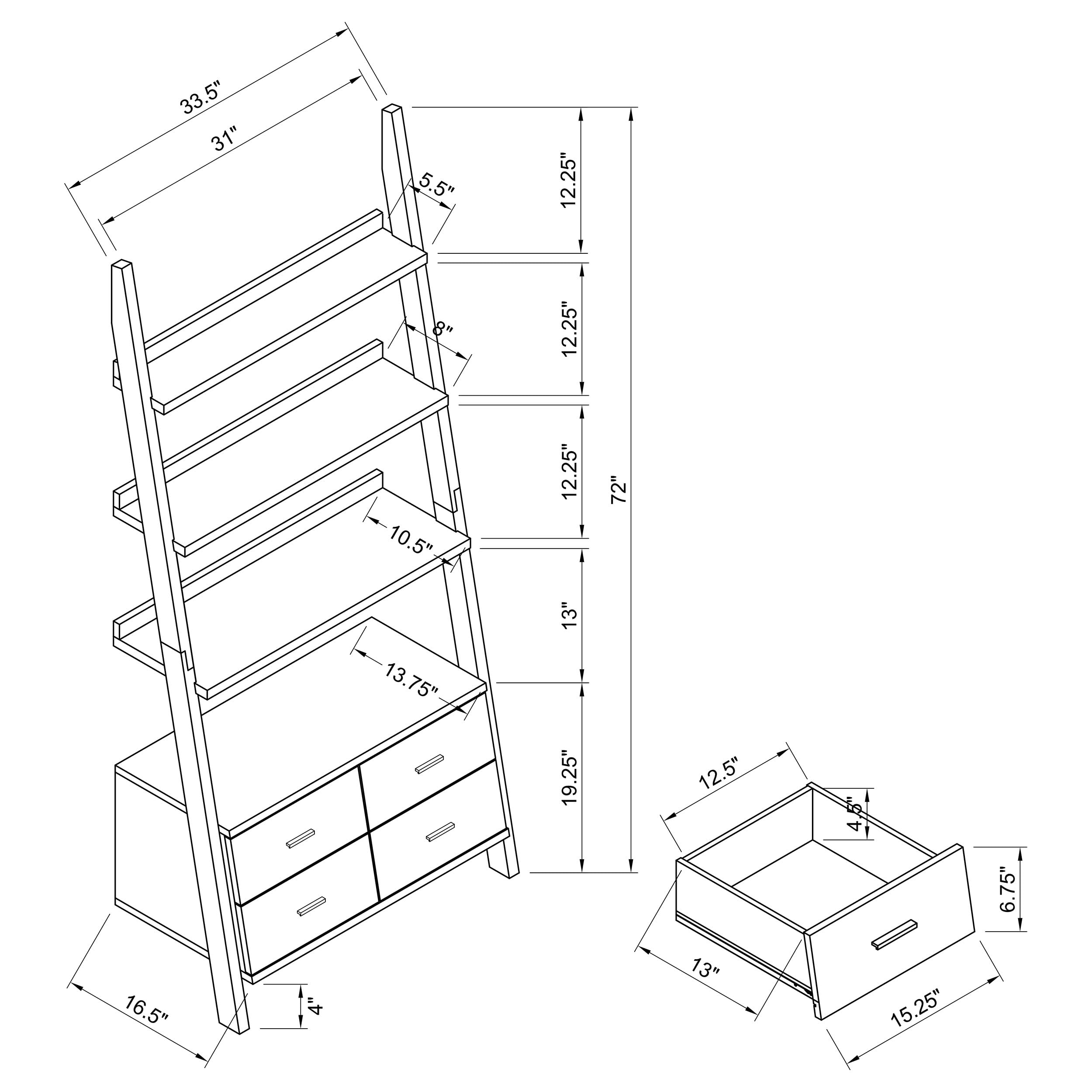 Coaster Home Furnishings Colella 4-Drawer Leaning Ladder Bookcase in Cappuccino Finish - Perfect for Living Room, Bedroom or Office Storage & Display