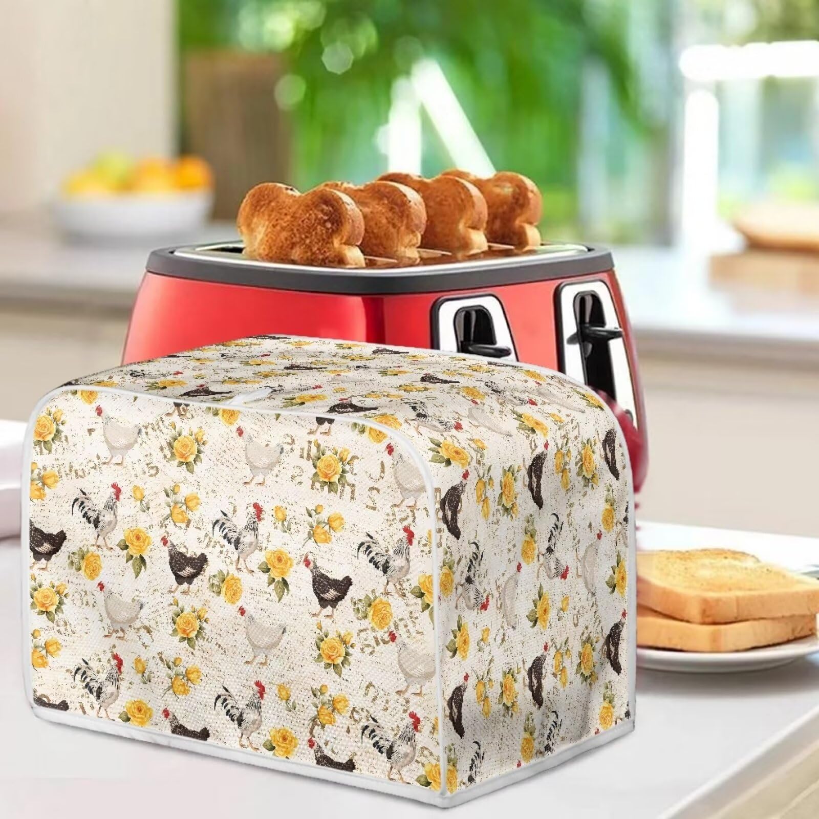 Rooster Chicken Rose Print 2-Slice Toaster Cover - Dust Protection Washable Kitchen Appliance Cover with Handle - Perfect for Bread Makers, Toaster Ovens & Kitchen Accessories - Ideal for Home, Office & Cafe Use
