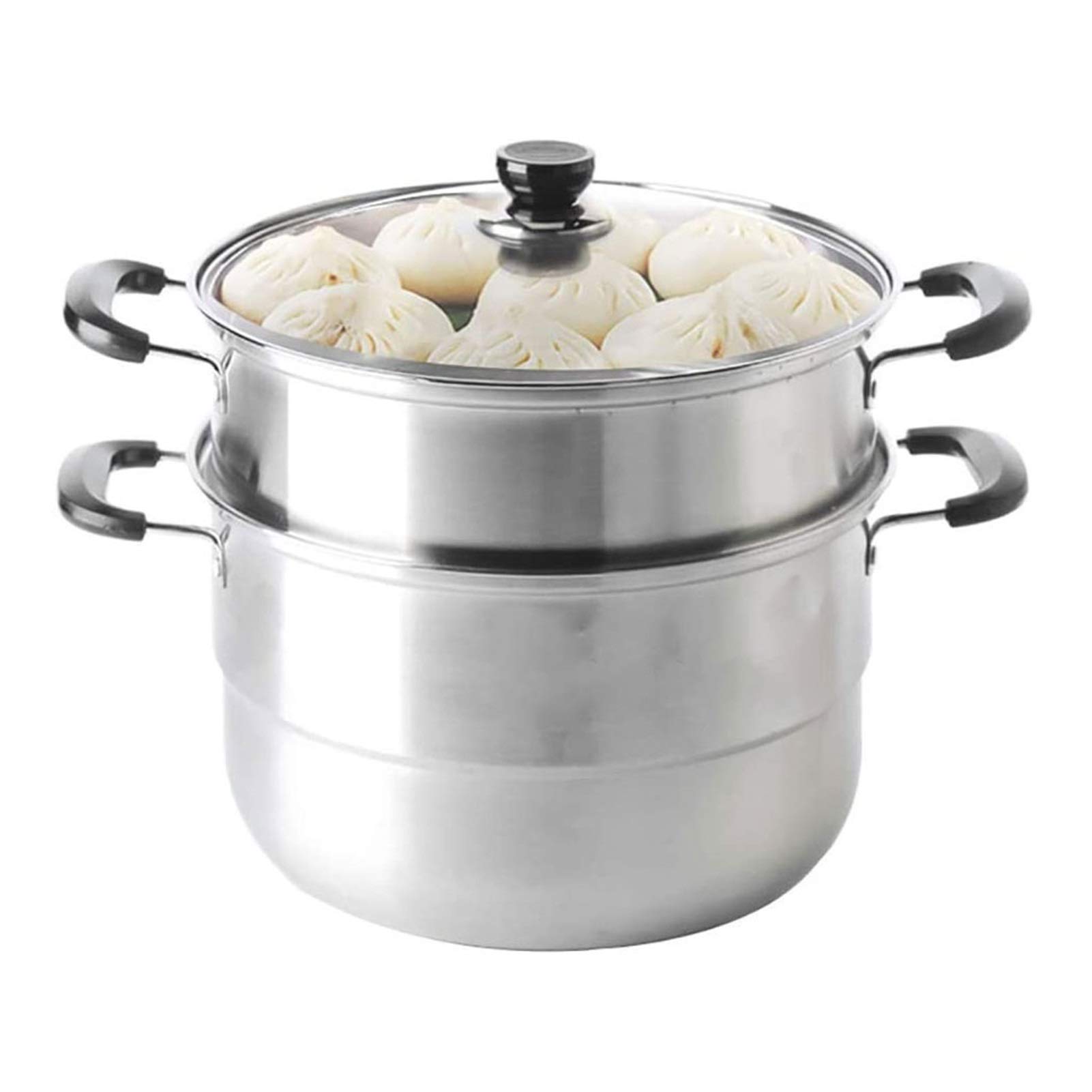 2-Tier Stainless Steel Steamer Pot with Tempered Glass Lid - Multi-Layer Cookware with Dual Handles for Gas & Grill Stovetops - Dishwasher Safe with Steaming Septa - Perfect for Vegetables, Dumplings & Seafood Cooking