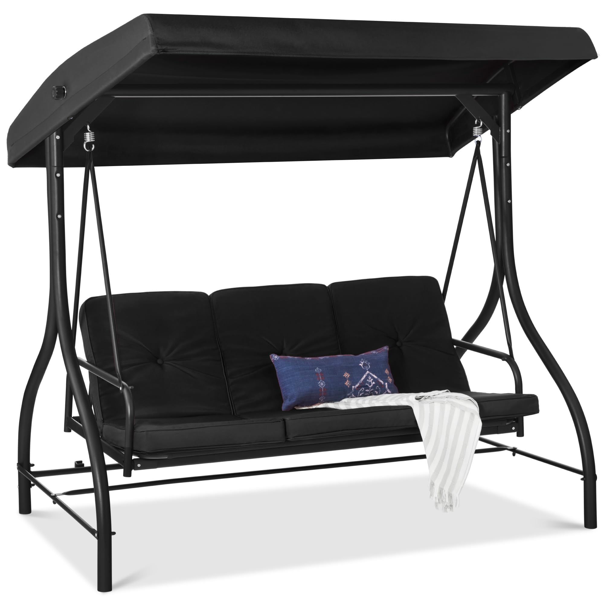 Best Choice Products 3-Seat Outdoor Canopy Swing Glider with Adjustable Shade - Patio Hammock Lounge Chair for Porch, Backyard, Garden w/ Removable Cushions & Flatbed - Perfect for Relaxing, Sunbathing & Outdoor Gatherings - Black