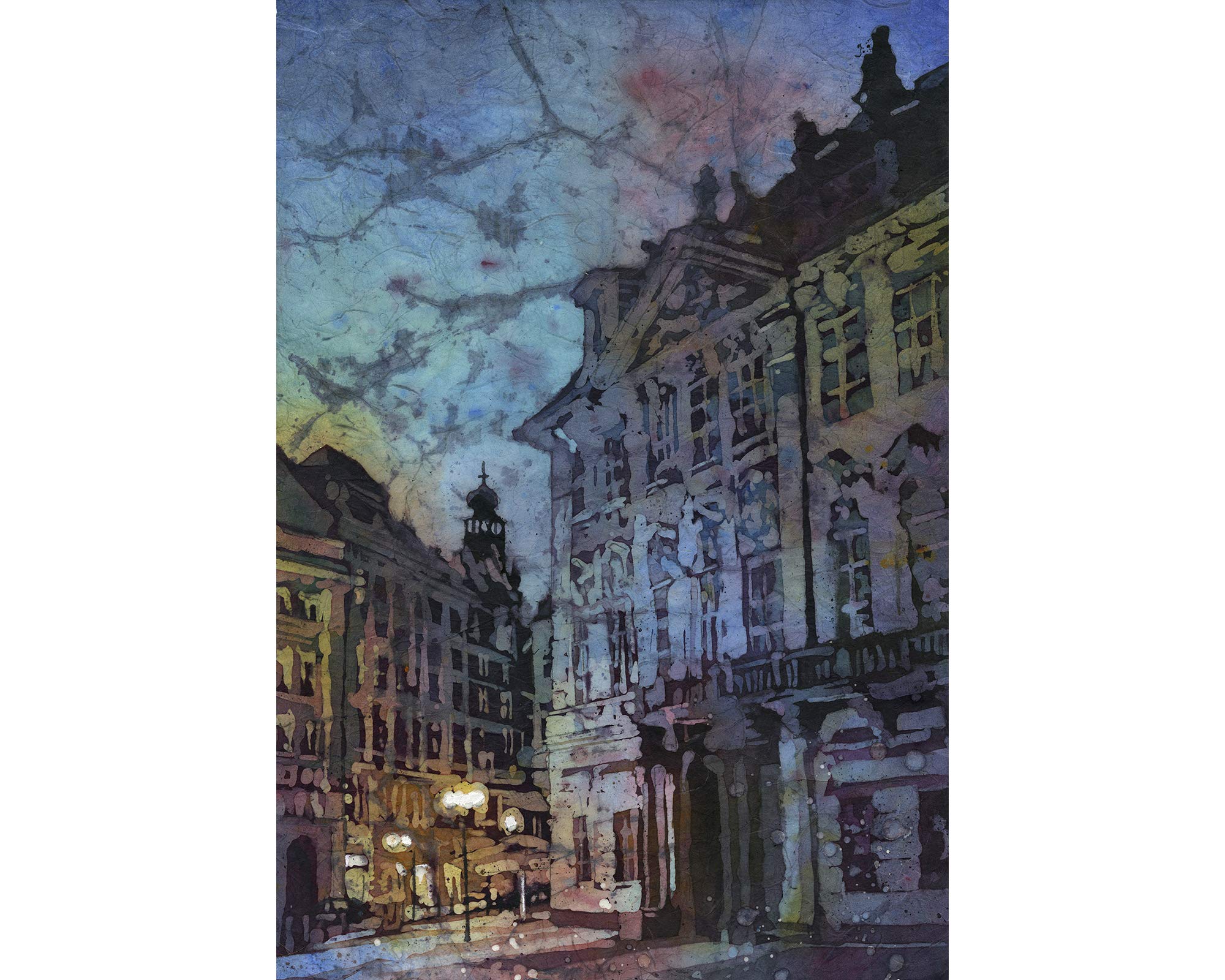 Watercolor Batik Painting of Prague Skyline at Twilight - Czech Republic Cityscape Art with Blue Sunset (Print) - Perfect for Home Decor, Office Wall Art & Gift Ideas