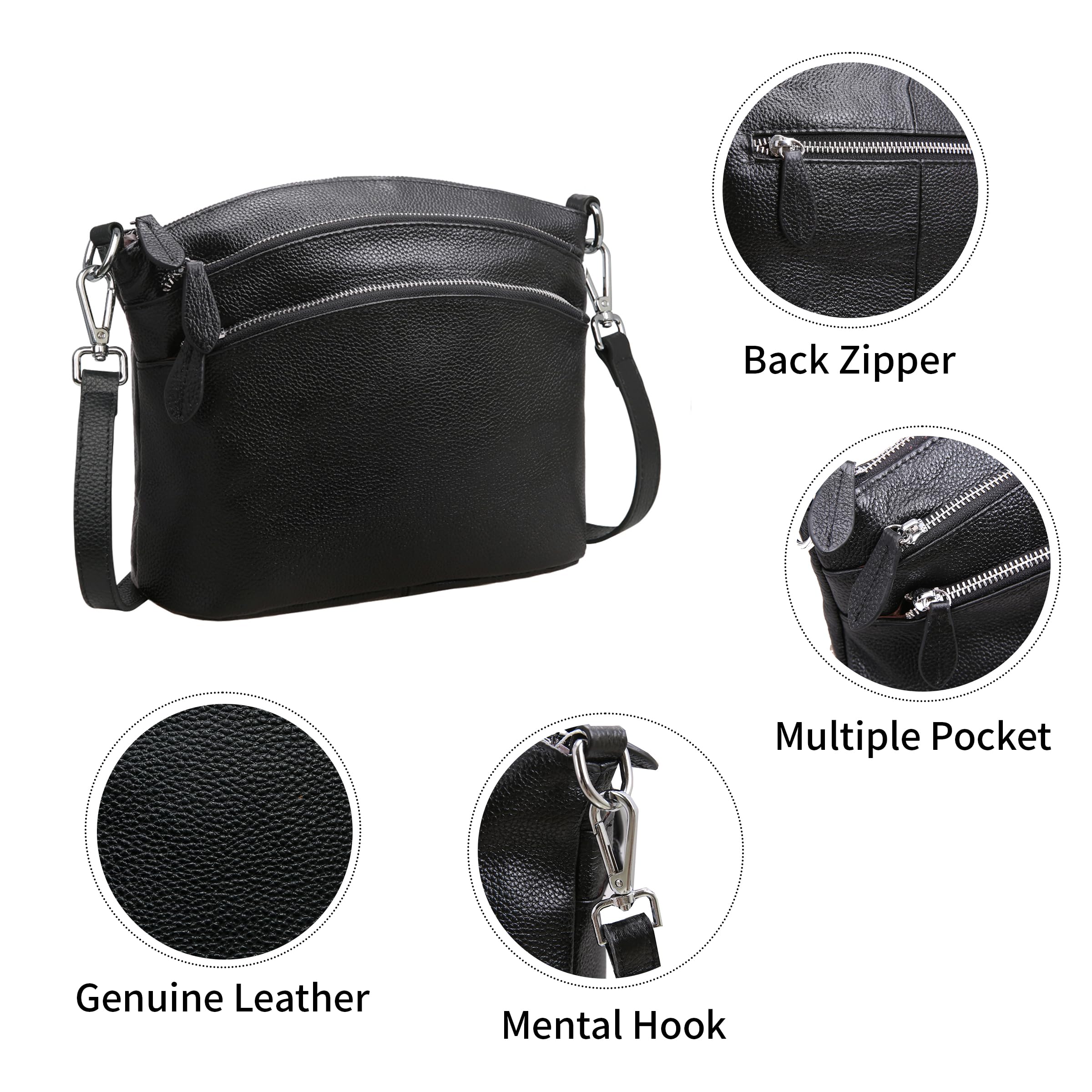 HESHE Women's Leather Crossbody Bag with Multiple Pockets - Small Functional Shoulder Purse Satchel Handbag for Everyday Use, Travel & Shopping