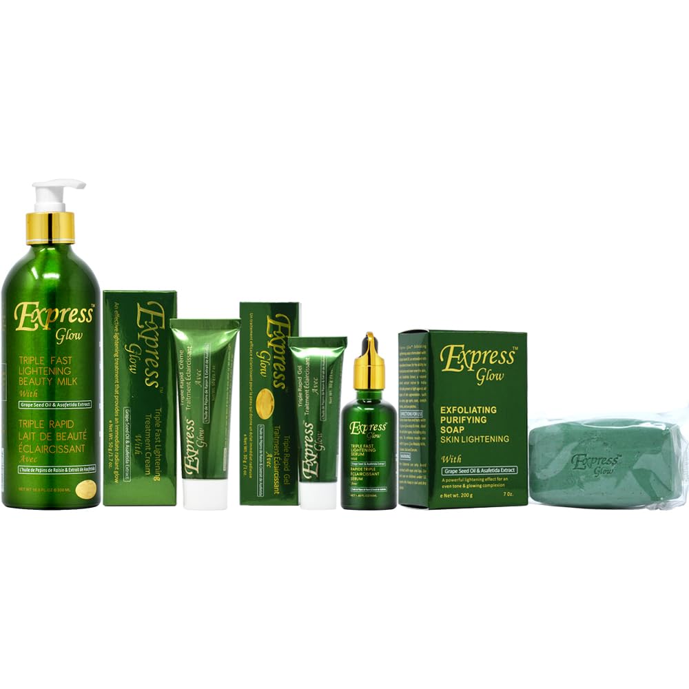 Express Glow Skincare Set - 16.8oz Lotion + 7oz Soap + 1.7oz Cream + 1oz Gel + 1.66oz Serum | Hydrating & Brightening Face & Body Care Kit for Dry Skin | Perfect for Daily Moisturizing, Night Routine & Travel Skincare Essentials