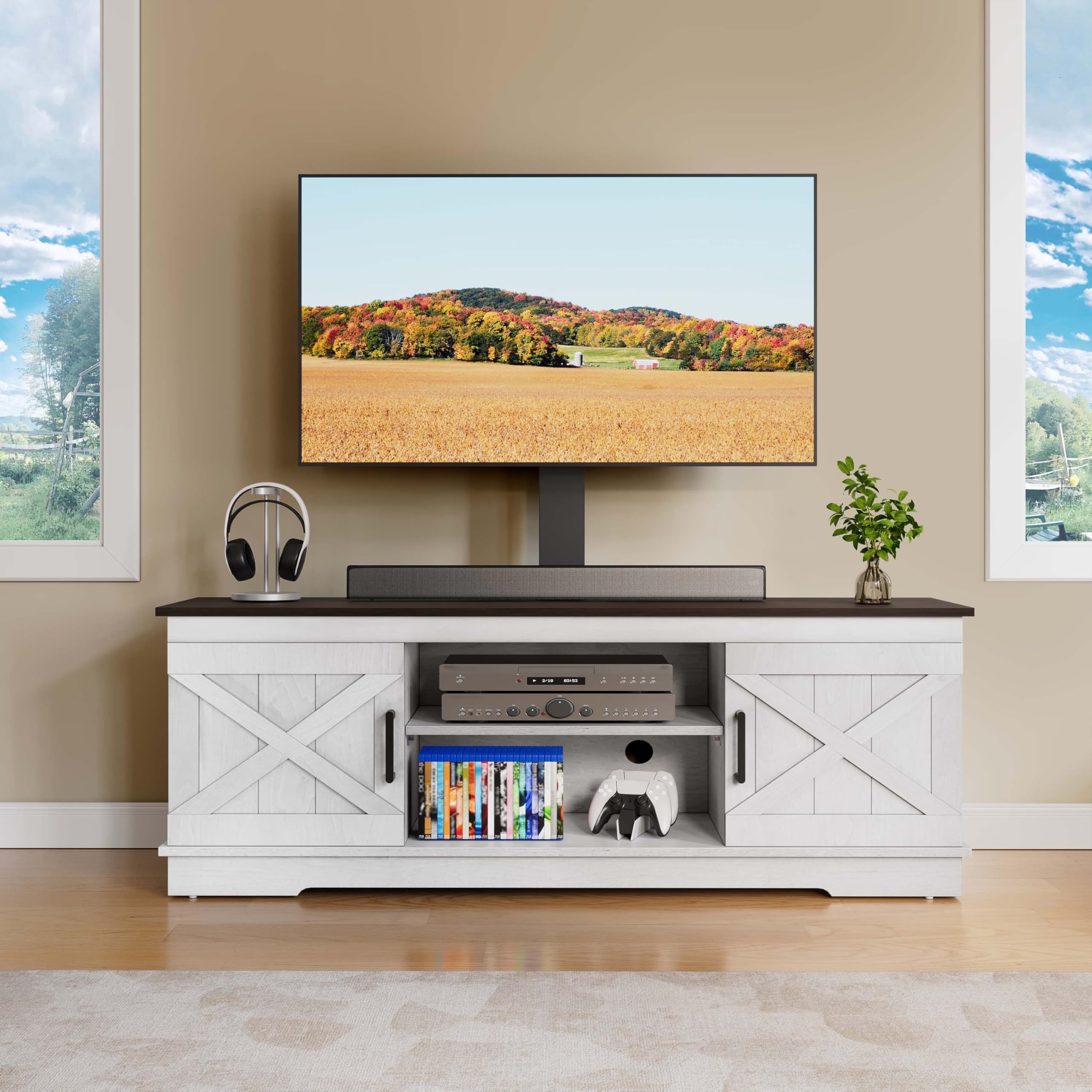 YITAHOME Farmhouse TV Stand with Mount - Sturdy Entertainment Center for 32-70 Inch TVs, Adjustable Shelf Media Console in Grey White/Espresso - Perfect for Living Room, Home Theater & Family Entertainment Spaces