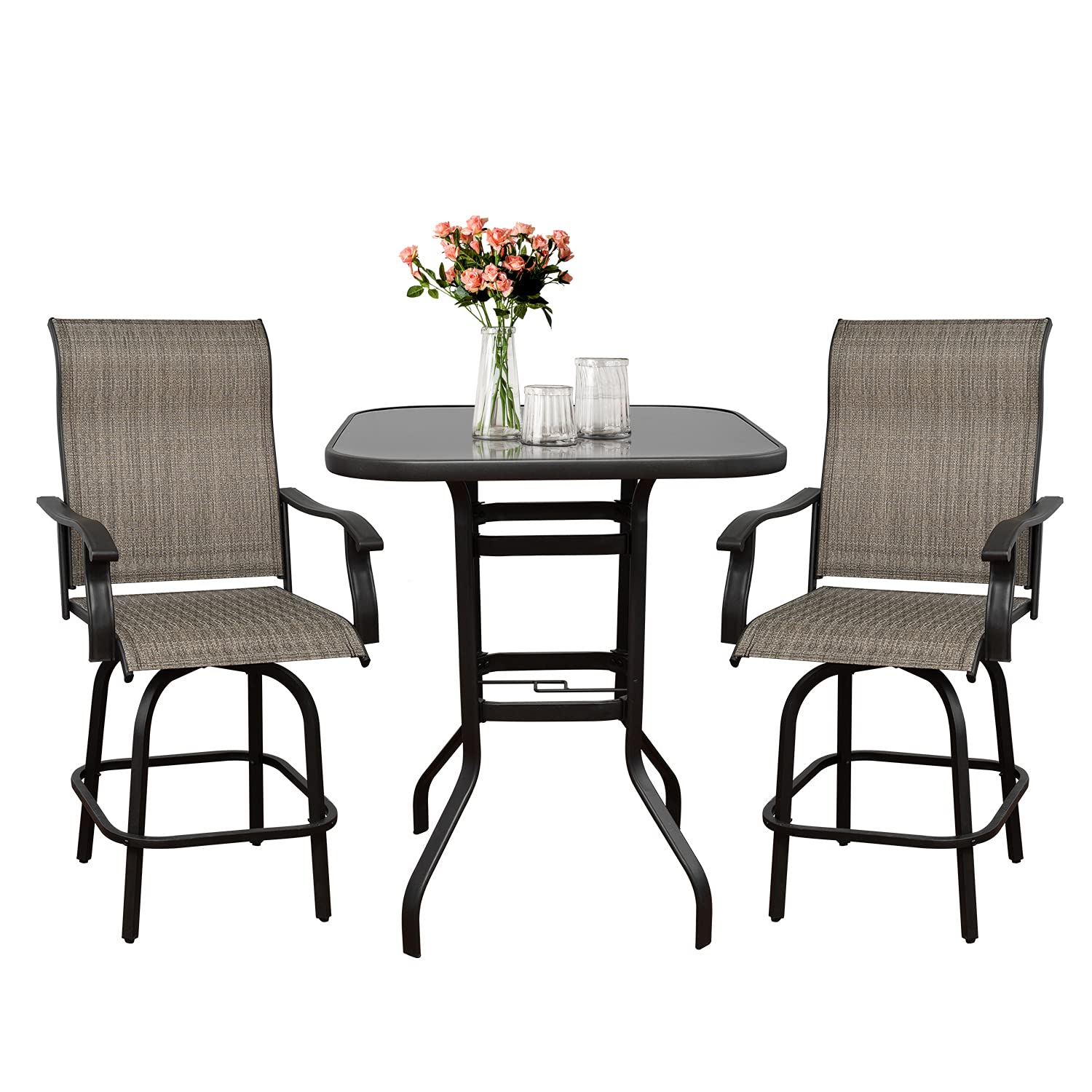 **All-Weather 3-Piece Outdoor Patio Bar Set - Swivel Bar Stools & Bar Table - Durable Bistro Furniture for Cafes, Yard, Lawn, Garden & Poolside Entertaining**