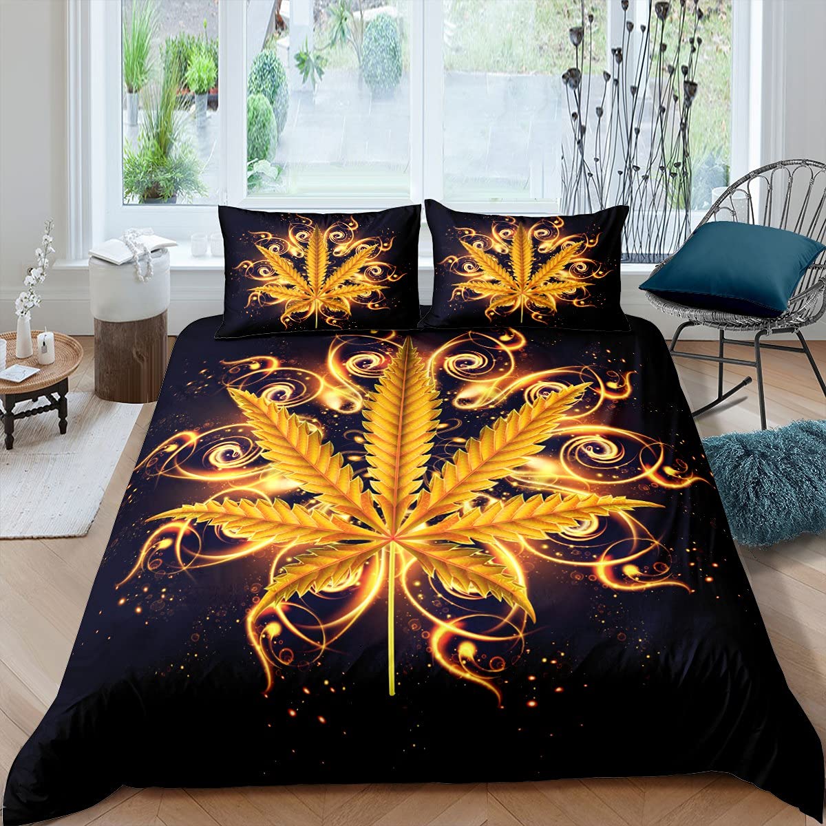 Golden Cannabis Leaves Duvet Cover Set - Shiny Sequin Stars Comforter Cover for Kids, Boys & Teens - Abstract Marijuana Leaf Design Bedding Set with Pillowcase - Twin Size Black - Perfect for Dorm Rooms, Teen Bedrooms & Unique Gift Ideas
