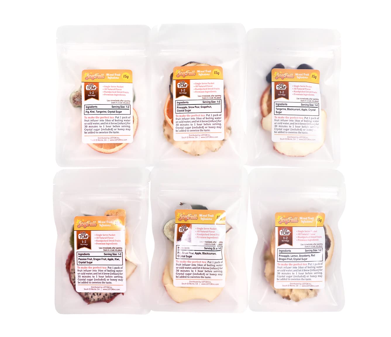 USTCM JoyFull Mixed Fruit Infusions Tea - All Natural Dried Fruit Blend with 5 Flavors (15g x 6 Packs) | Herbal Tea for Relaxation, Iced Tea & Gift Giving