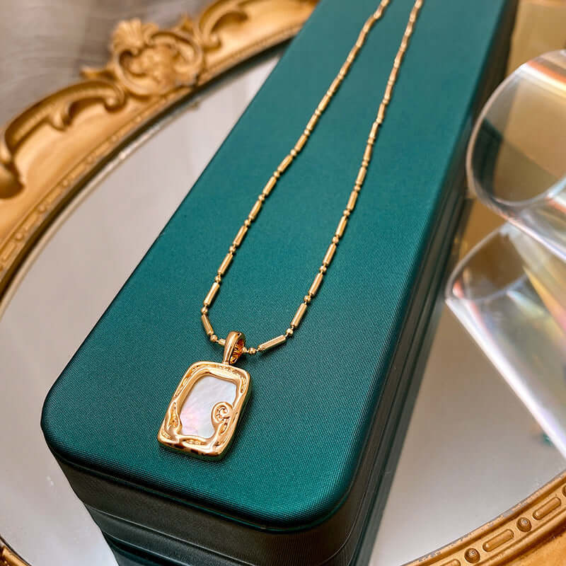 Vintage Mother of Pearl Pendant Necklace with Gold Frame | Elegant Jewelry for Women | Perfect for Weddings, Parties & Special Occasions | HN2121