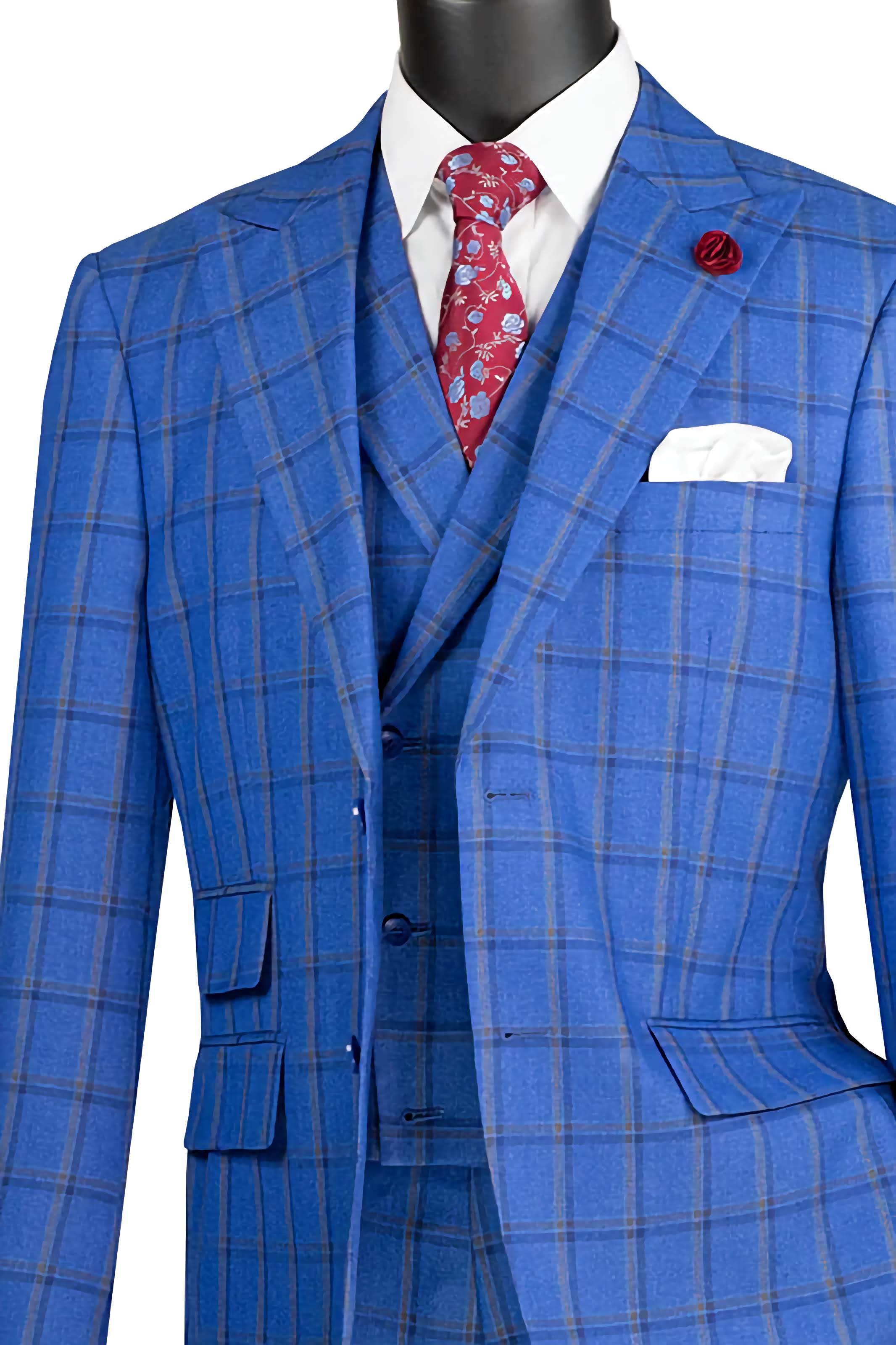 Tessori Collection Royal Blue Modern Fit Windowpane 3-Piece Suit Set | Business Formal Attire for Men | Perfect for Weddings, Office Meetings & Special Occasions