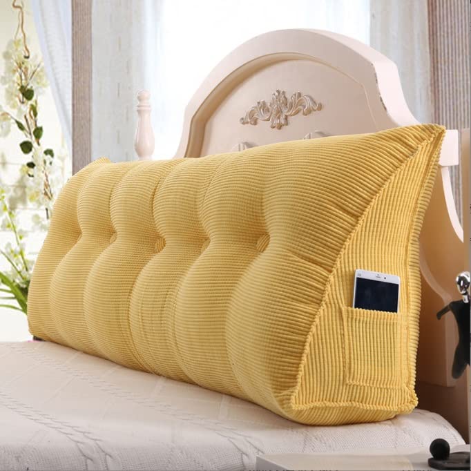 Large Triangular Headboard Pillow - Corduroy Wedge Pillow for Sofa, Bed & Reading (150x23x50cm) - Lumbar Support & Back Cushion - Yellow - Perfect for Back Pain Relief, Reading in Bed & Lounge Comfort