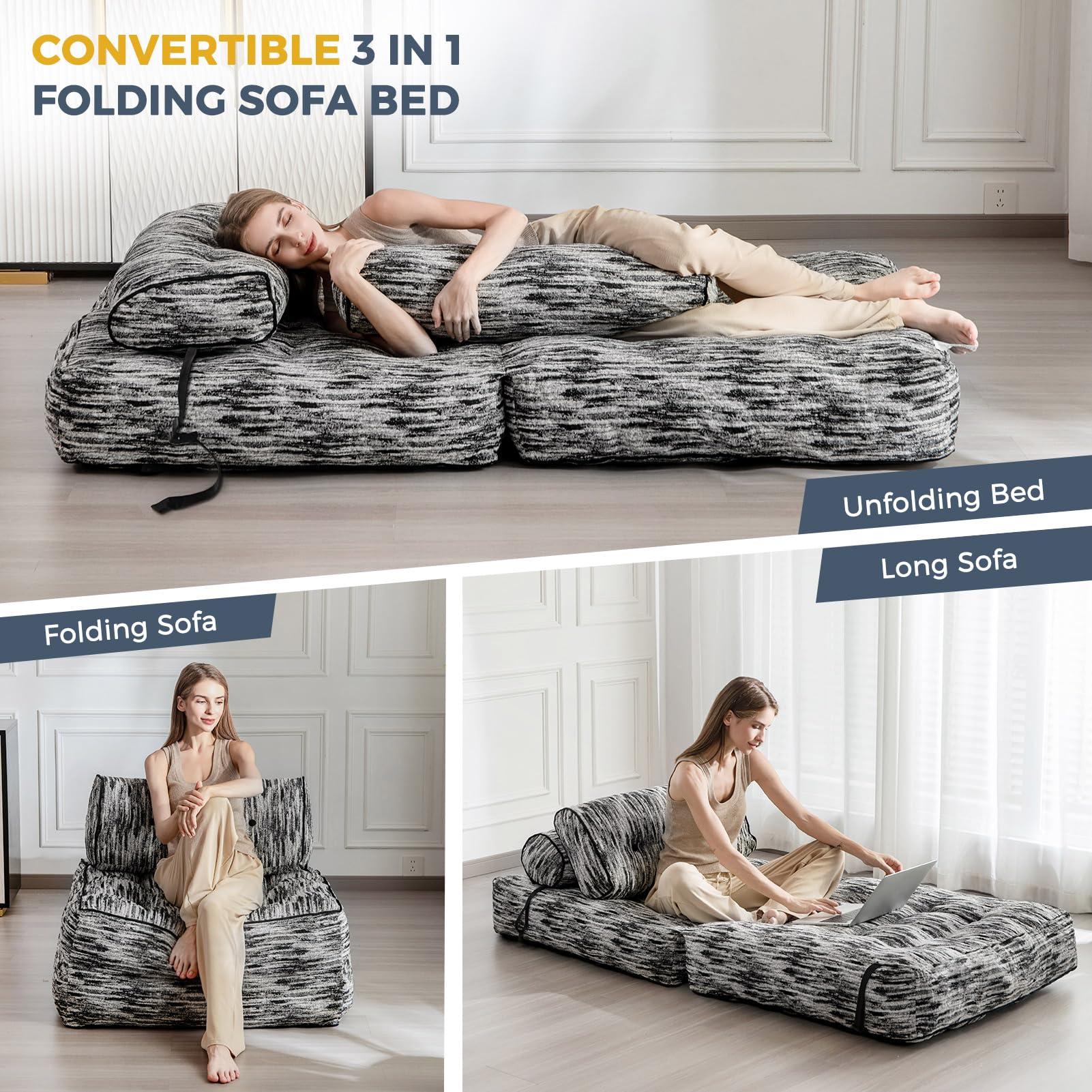 MAXYOYO Convertible Folding Sofa Bed - Sleeper Chair with Pillow, Soft Fold Out Guest Bed in Mix Black | Perfect for Small Spaces, Living Rooms & Home Offices