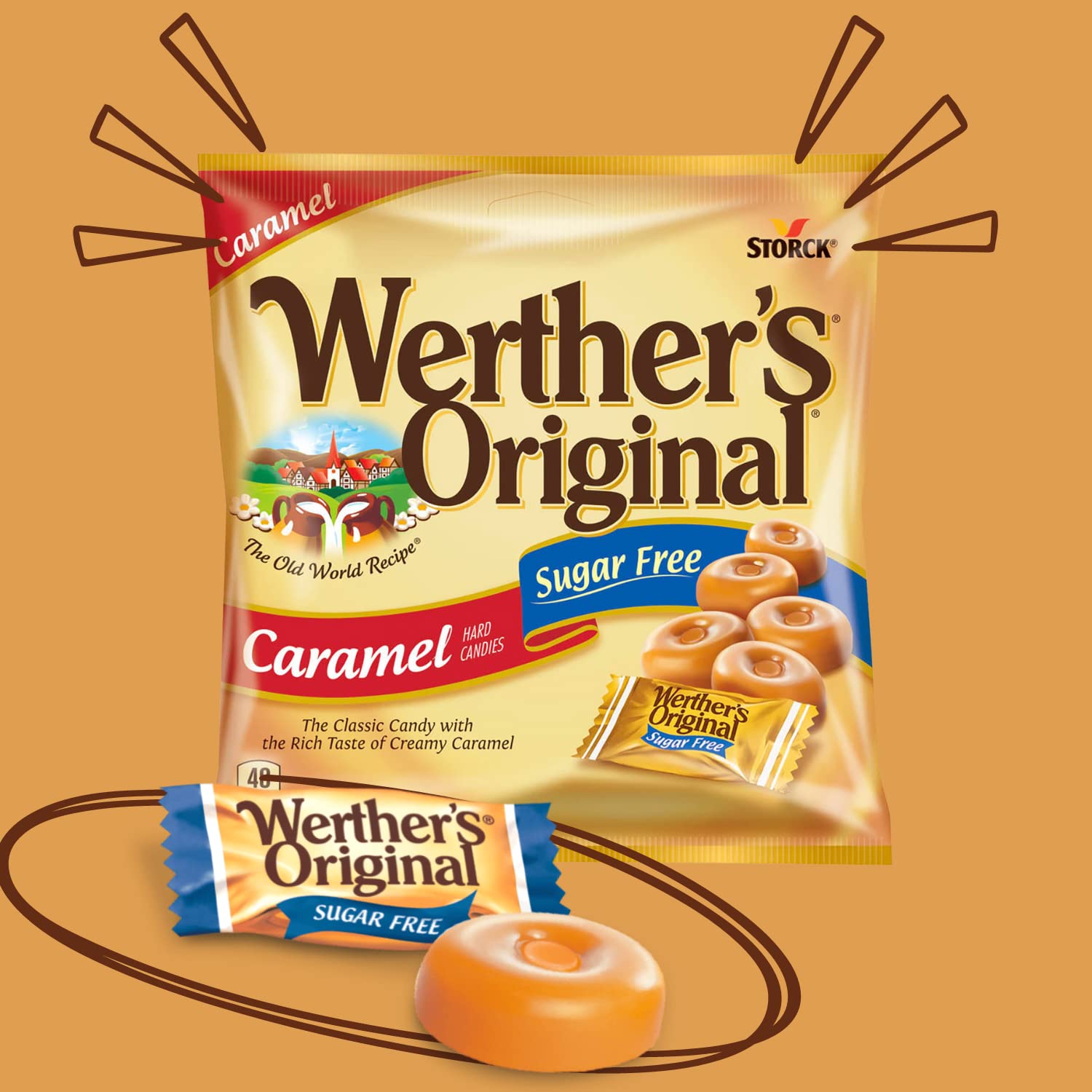 Werther's Original Sugar Free Caramel Hard Candies - Individually Wrapped, Low Calorie Snacks for Adults & Diabetics - Perfect for Office Treats, Gift Baskets & Travel - 3 Pack (1.46 oz)