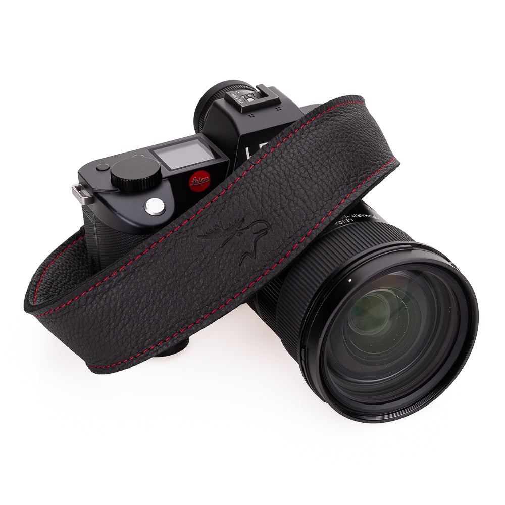 Premium EDDYCAM Elk Leather Neck Strap - 50mm Wide Camera Strap for DSLR & Mirrorless Cameras - Black Leather with Red Stitching - Comfortable & Durable for Photography, Travel & Outdoor Shooting
