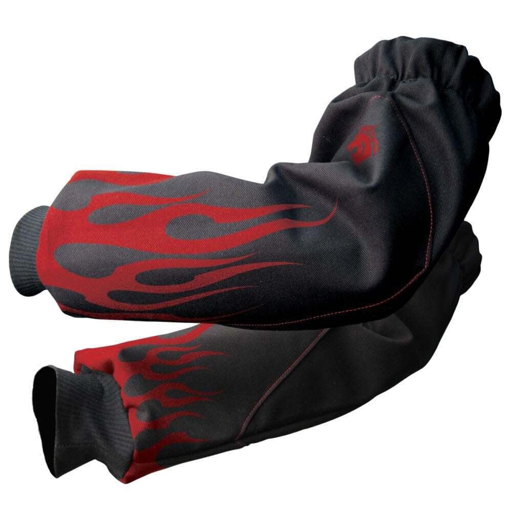 BLACK STALLION BSX® Fire Resistant Reinforced Sleeves with Red Flame Design - Heat Protection for Welding, Grinding & Industrial Work (Black/Red) - Perfect for Mechanics, Welders & DIY Projects