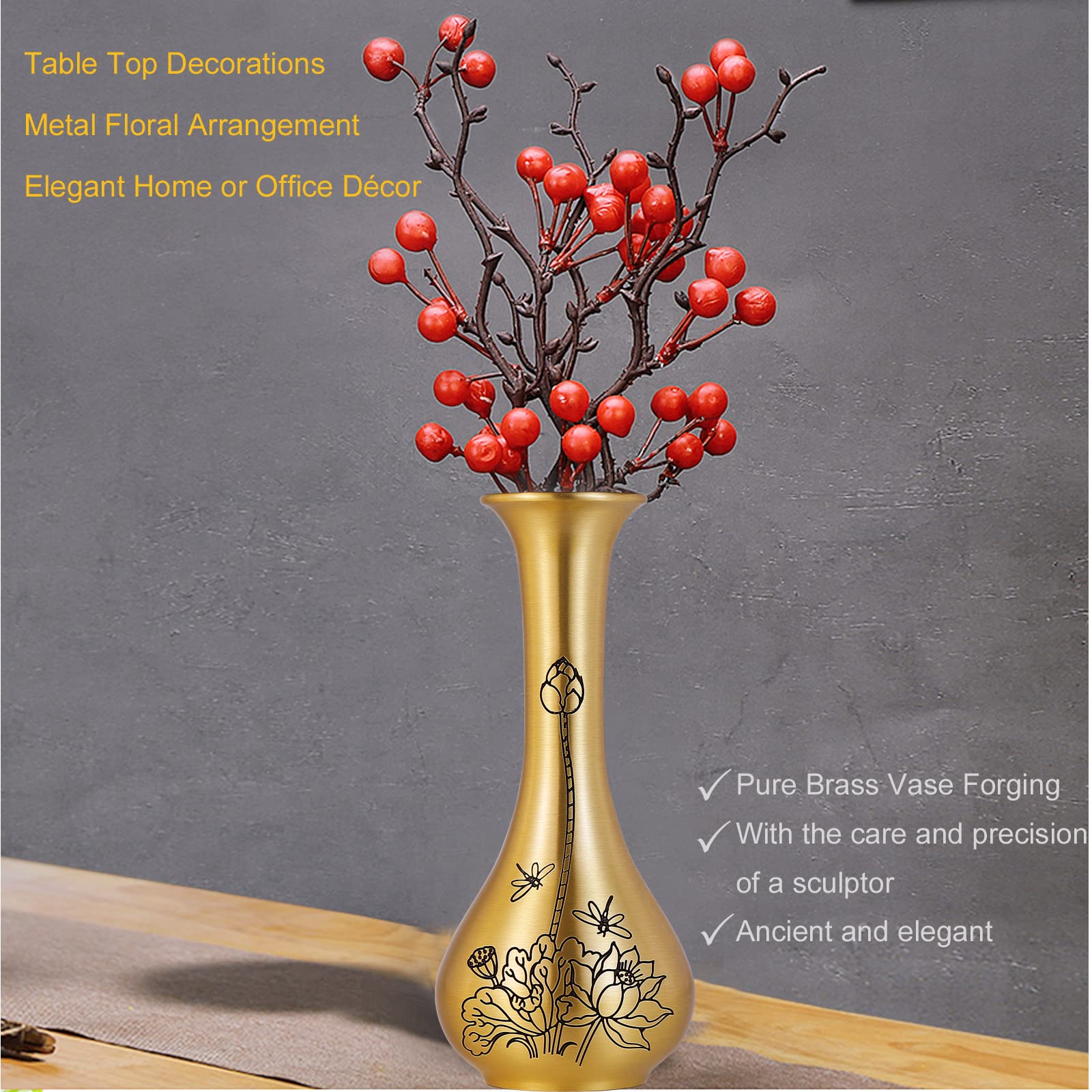 Gold Brass Vase with Special Engraved Pattern - 7.88 Inch Tall Metallic Decorative Centerpiece for Home, Wedding & Events | Elegant Table Decor, Bookshelf Accent & Flower Arrangement | Perfect for Living Room, Dining Table & Gift Giving