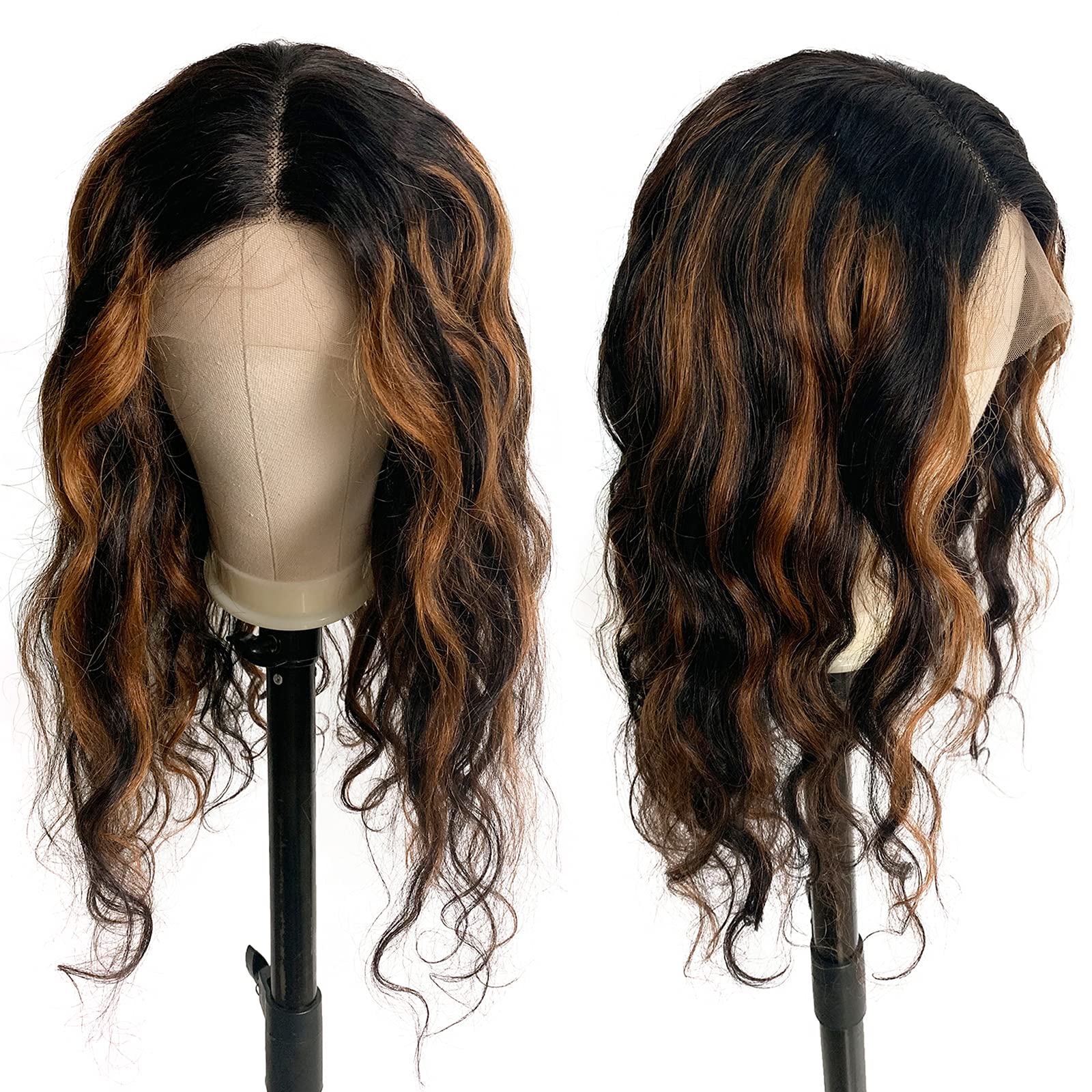 14 Inch T-Part Curly Human Hair Wig - Black & Brown Highlight Lace Front Wig with Baby Hair | Brazilian Virgin Hair, Loose Wave Balayage | Natural Look for Black Women | Perfect for Daily Wear, Parties & Special Events