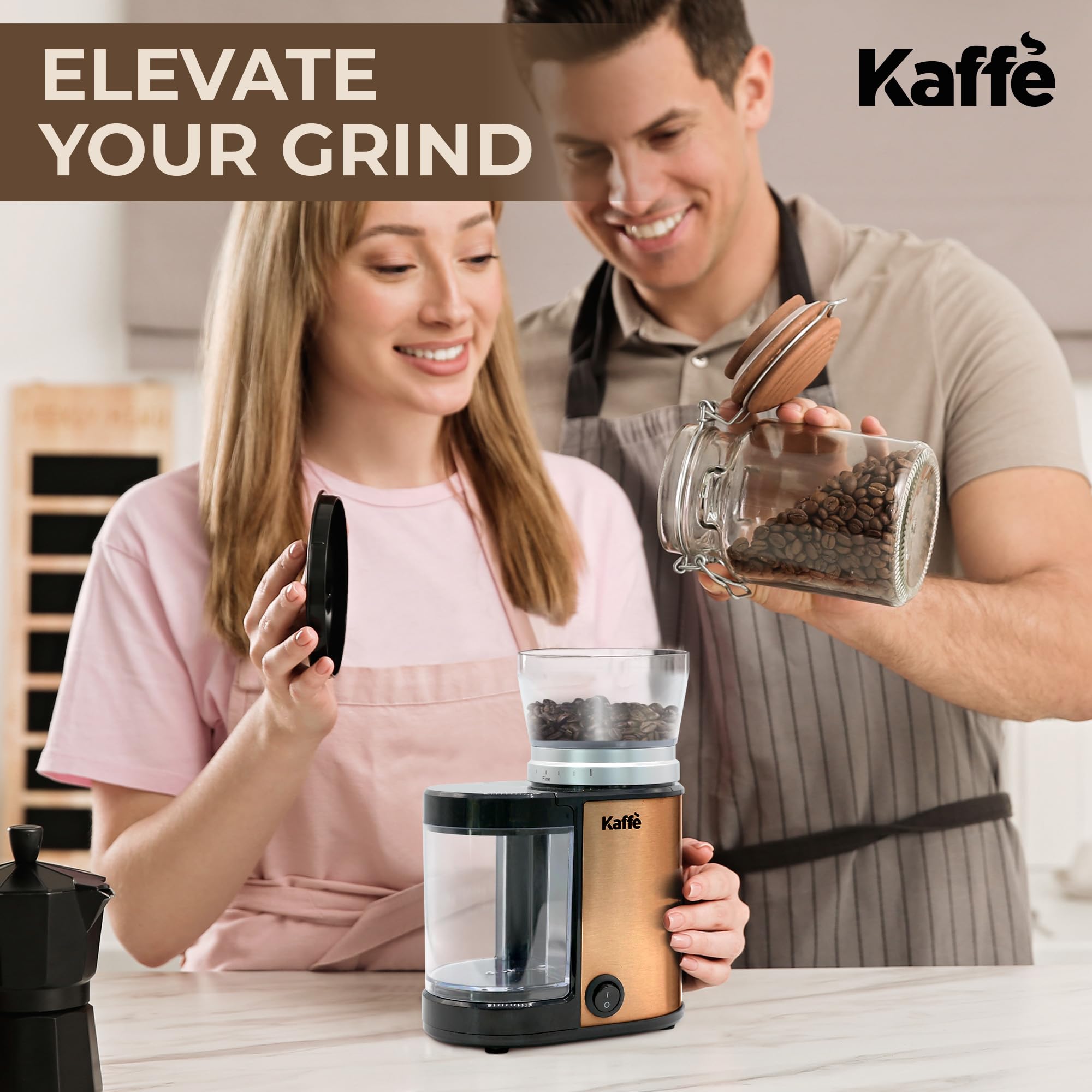Premium Kaffe Electric Burr Coffee Grinder - 5.5oz Capacity with Adjustable Coarseness Settings - Flat Burr Design & Upgraded Motor - Perfect for Espresso, French Press & Drip Coffee - Ideal Home Coffee Bean Grinder in Copper Finish