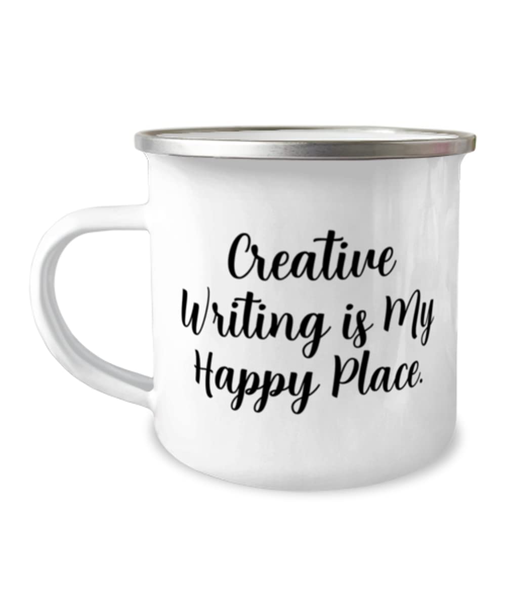 Creative Writing 12oz Camping Mug - 'Creative Writing is My Happy Place' Inspirational Gift for Writers, Men & Women - Perfect for Coffee, Tea & Outdoor Adventures