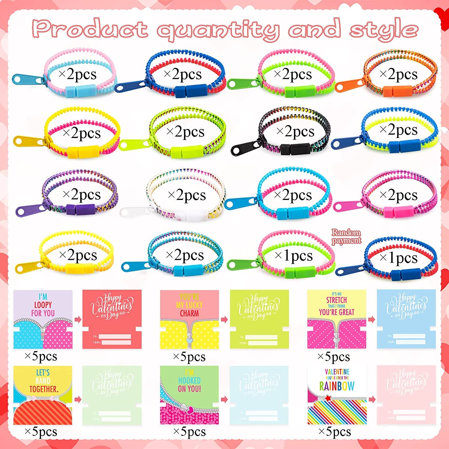 OuMuaMua 30Pcs Valentine's Day Cards with Fidget Zipper Bracelets - Kids Classroom Exchange Gifts, Party Favors for School Celebrations & Friendship Activities