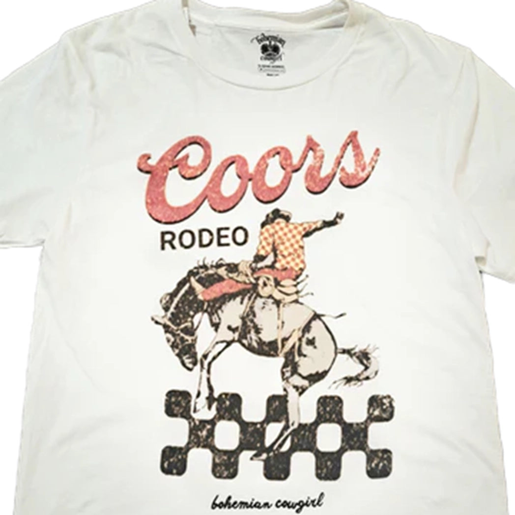 Bohemian Cowgirl Coors Rodeo Checkered Bronc T-Shirt - Western Vintage Graphic Tee for Women | Perfect for Rodeo Events, Country Concerts & Boho Fashion Outfits
