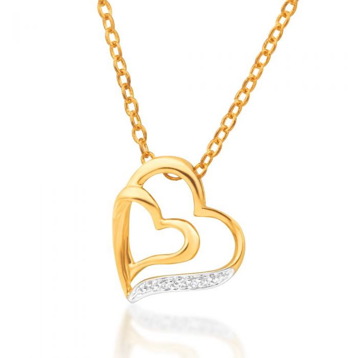 9ct Elegant Yellow Gold 2 Diamonds Heart Pendant Necklace - Perfect for Valentine's Day Gifts, Anniversary Presents & Romantic Occasions