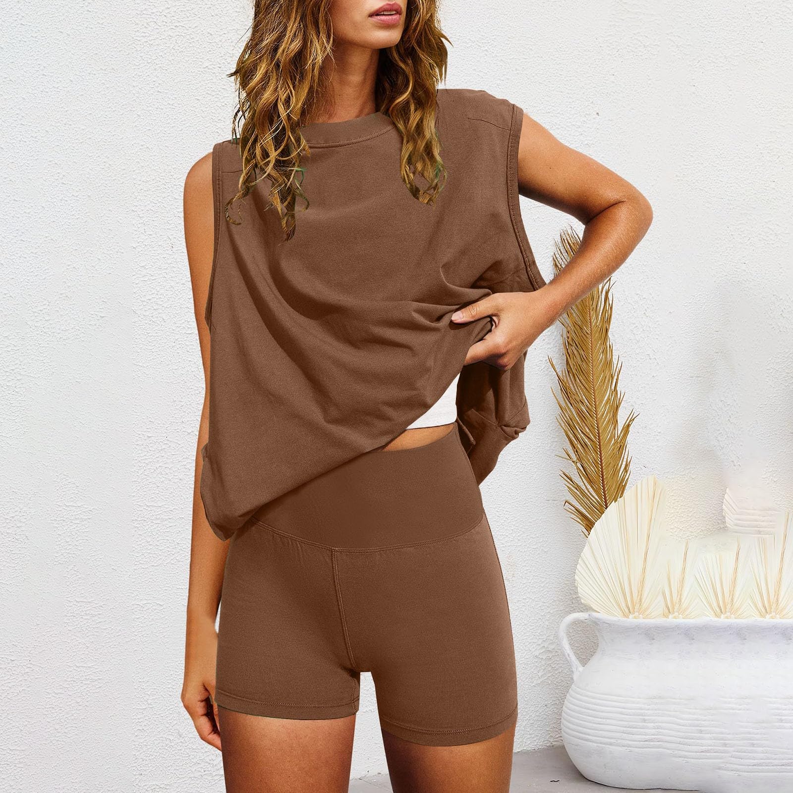 Women's 2 Piece Workout Outfit - Sleeveless Oversized Flowy Top & Solid Shorts Tracksuit Set | Gym, Yoga, Running & Lounge Wear for Women | Comfortable Casual Athletic Set for Home & Outdoor Activities