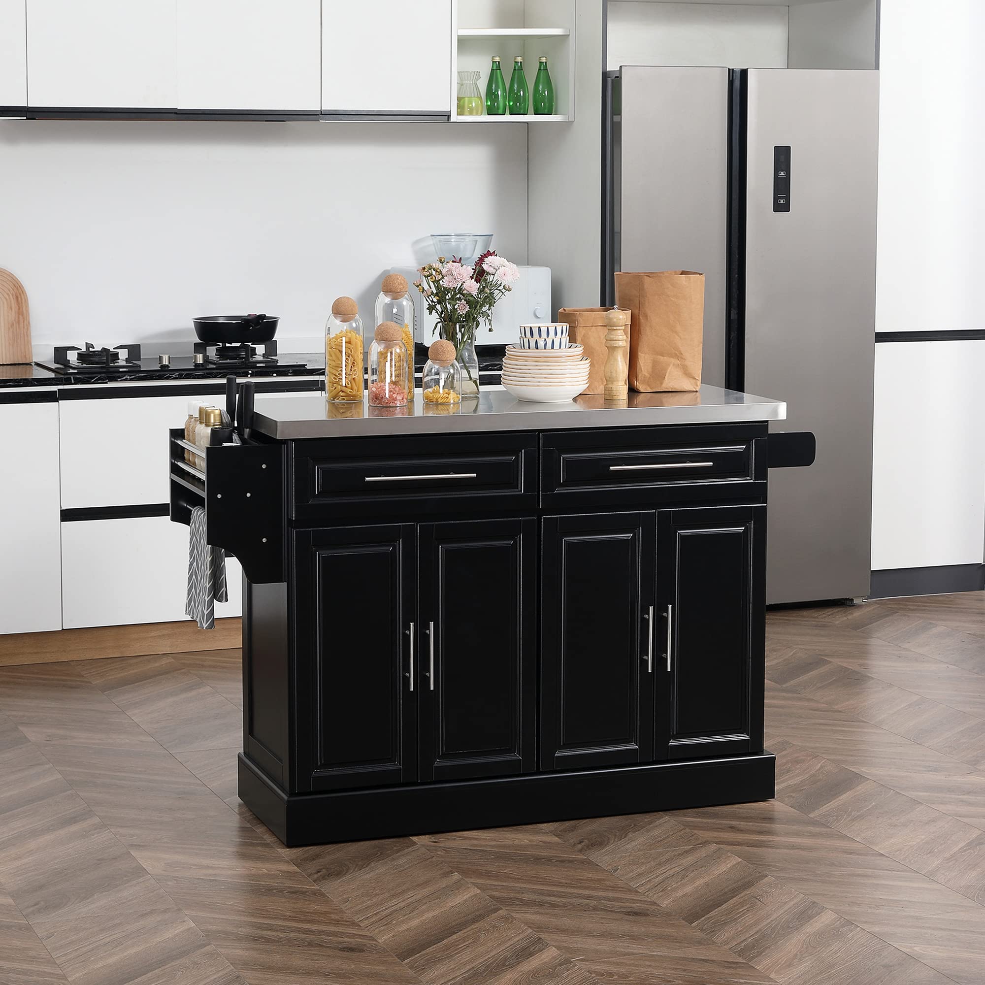 HOMCOM Rolling Kitchen Island with Wheels - Portable Stainless Steel Top Mobile Cart with Adjustable Shelves, 2 Drawers & Spice Rack - Perfect for Small Kitchens, Apartments & Food Prep Stations