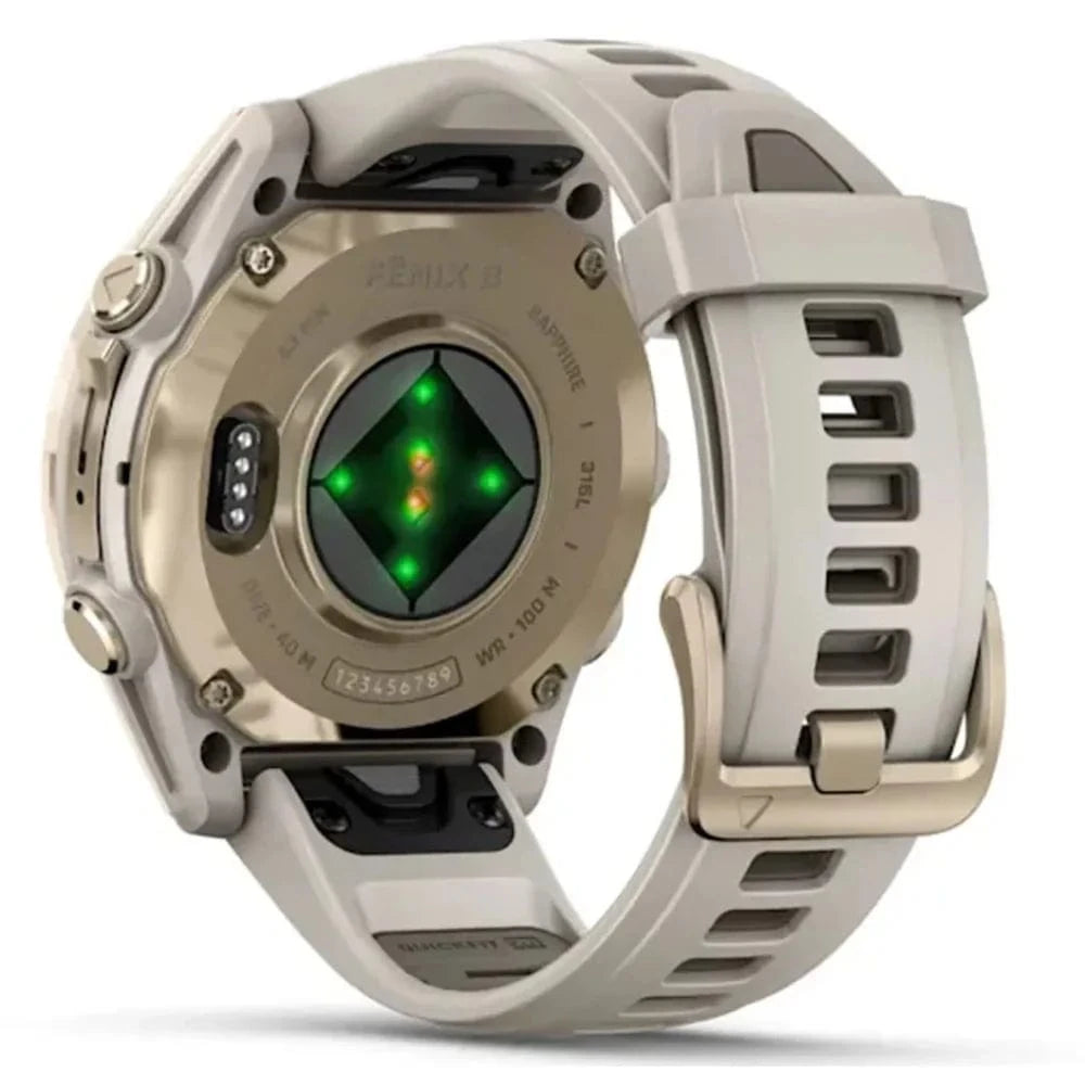 Garmin Fenix 8 Smartwatch 43mm AMOLED Display with Sapphire Lens - Soft Gold Case & Fog Gray/Dark Sandstone Silicone Band - GPS, Heart Rate Monitor for Running, Hiking, Swimming & Outdoor Activities