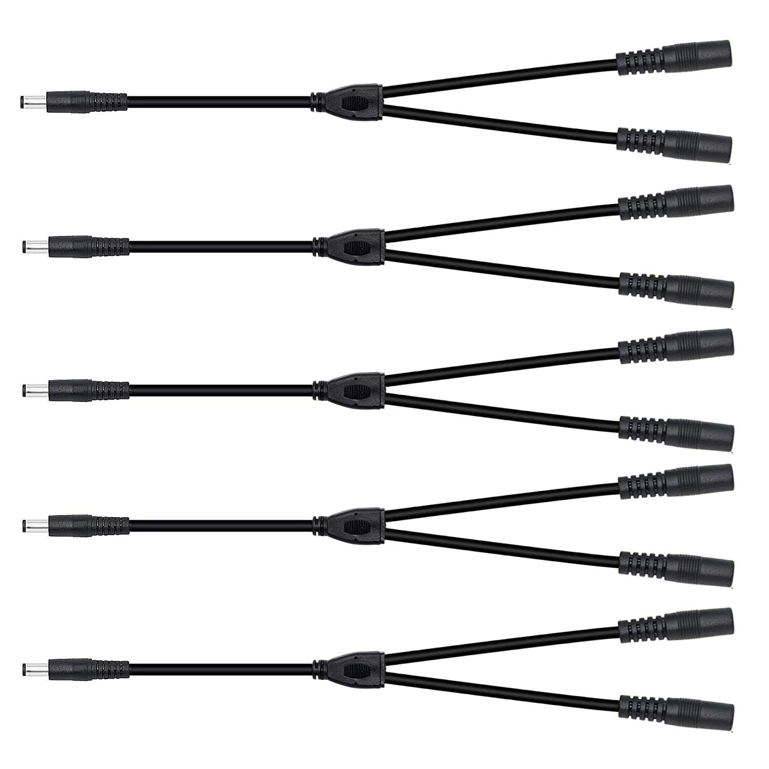 2.1mm DC Power Splitter Cable 5-Pack - 5.5mm x 2.1mm Male to Dual Female Y Adapter Extension Cord for CCTV Cameras, LED Strips, Security Systems & Home Electronics