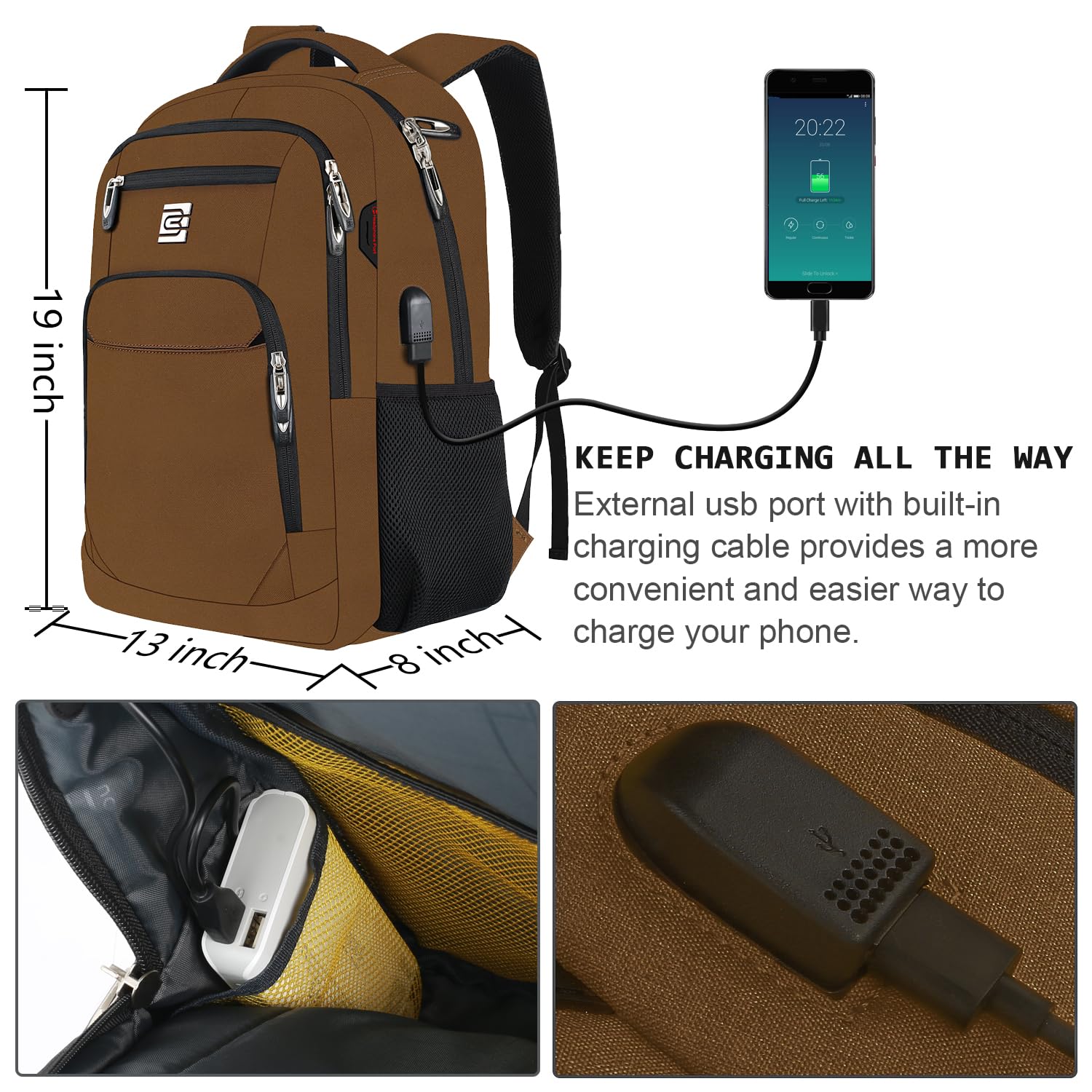 Anti-Theft Slim Durable Laptop Backpack with USB Charging Port, Water Resistant Business Travel & College Computer Bag for Women & Men, Fits 15.6 Inch Laptop & Notebook - Brown, Ideal for Commuting, Office, and Campus Use