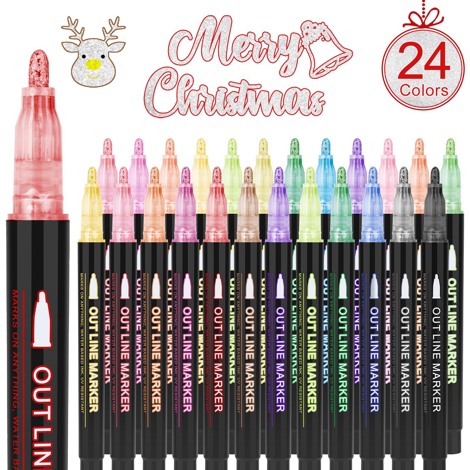 24 Pack Double Line Outline Markers - Metallic Glitter Marker Pens for Art, Drawing, Writing | Perfect for Christmas Cards, DIY Scrapbooking, Easter Egg Decor & Gift Wrapping | Vibrant Shimmer & Self-Outline Effects for Creative Projects