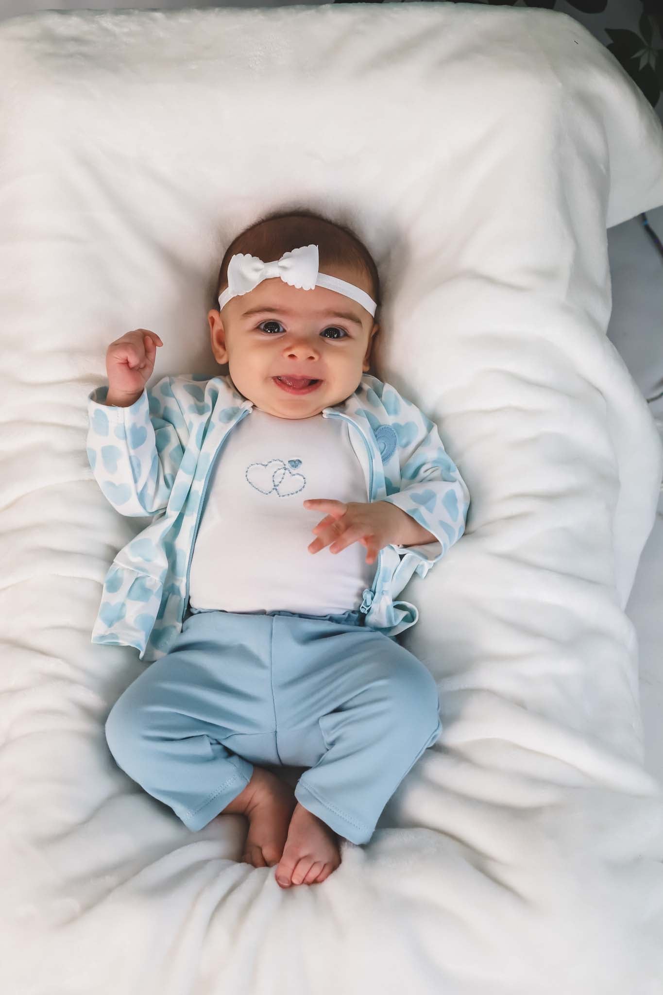 Light Blue Heart 3-Piece Baby Girl Outfit Set - Soft Cotton Romper, Headband & Socks - Perfect for Newborn Photoshoots, Christening & Special Occasions
