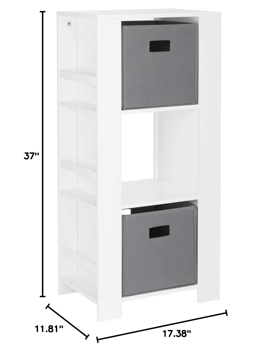RiverRidge Kids Book Nook Tower - 3-Tier Bookshelf & Toy Storage Organizer with 6 Book Racks & 2 Gray Storage Bins | Perfect for Playroom, Nursery & Bedroom Organization | Space-Saving Kids Furniture for Books & Toys