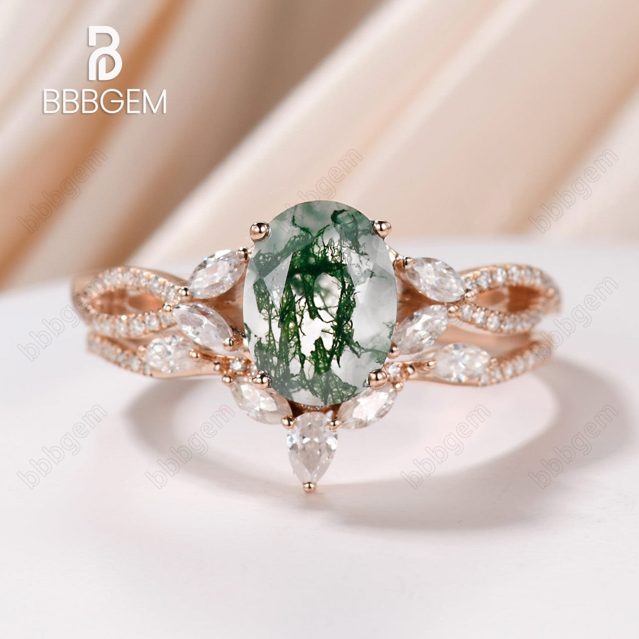 Natural Green Moss Agate Wedding Ring Set - Curved Moissanite Stacking Rings for Women, Bridal Jewelry Set for Engagement, Anniversary & Everyday Wear