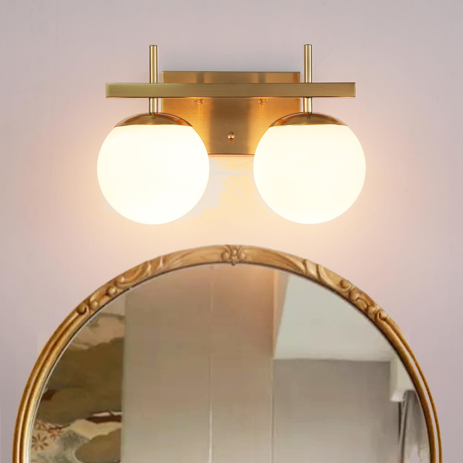 Vintage Gold Mid Century Modern Vanity Light Fixtures - 2 Light Bathroom Vanity Lighting with Milk White Glass Globe Shades - Elegant Mirror Lights for Bedroom, Hallway & Living Room Décor