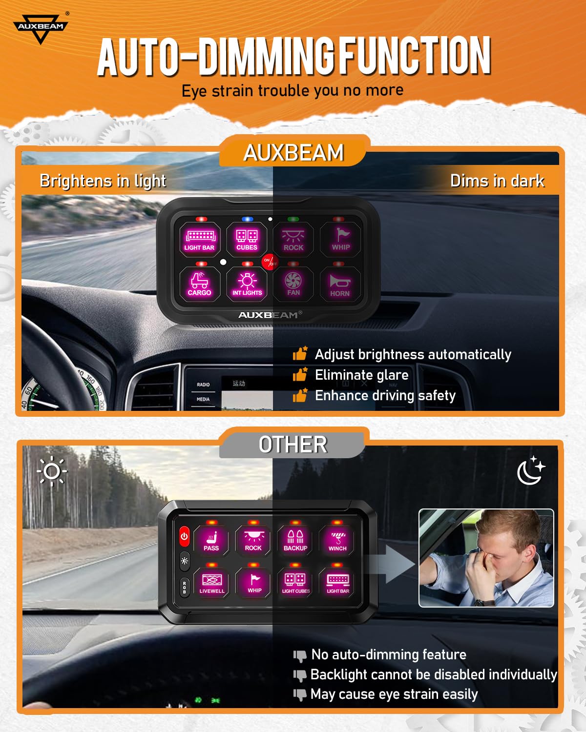 Auxbeam 8 Gang Switch Panel AR-820 Bluetooth RGB Switch Pod - Waterproof Multifunction Toggle Control Panel with Momentary/Pulsed Modes for UTV, ATV, Truck, Car, RV & Boat | Auto Dimmable LED Backlight | Perfect for Off-Roading, Marine & Camping Adventures | 2-Year Warranty