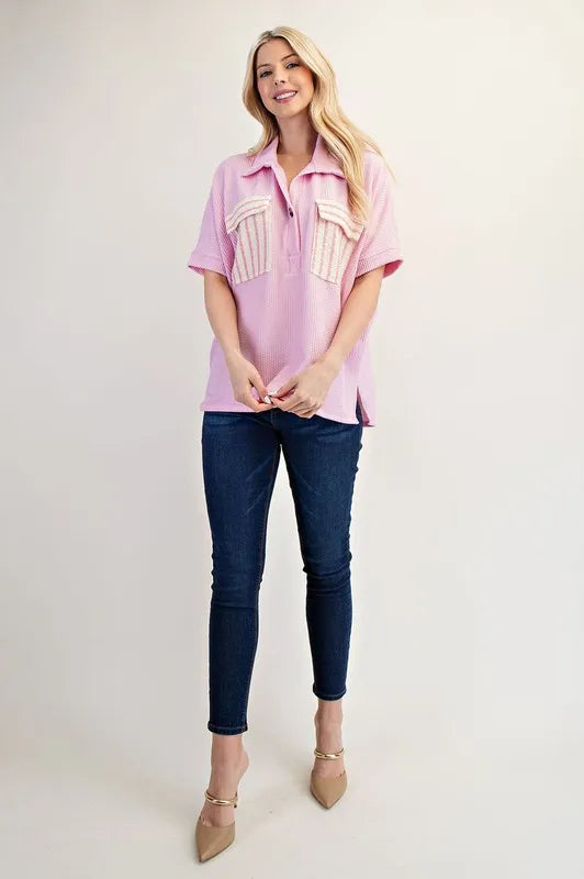 Celeste Plus Size Full Length Rib Knit Collared Shirt with Striped Pockets - Women's Casual Office Wear & Everyday Comfort