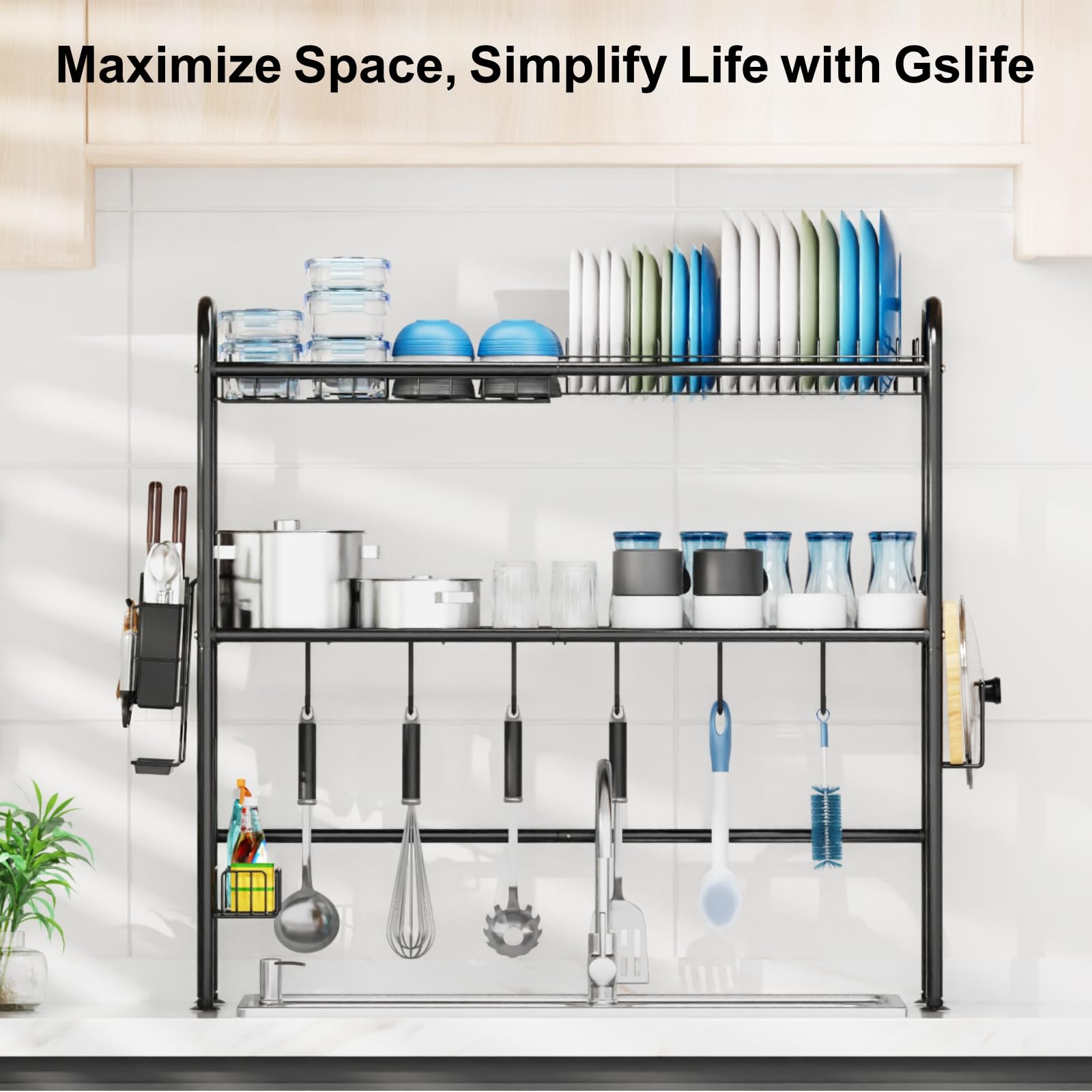 GSlife 2 Tier Over Sink Dish Rack with Utensil Holder - Rustproof Drying Rack for Kitchen Organization - Fits 31.5