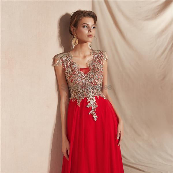 Elegant Cap Sleeves Applique Chiffon Evening Prom Dress for Women | Formal Party Gown | Perfect for Prom Night, Homecoming, Wedding Guest & Special Occasions