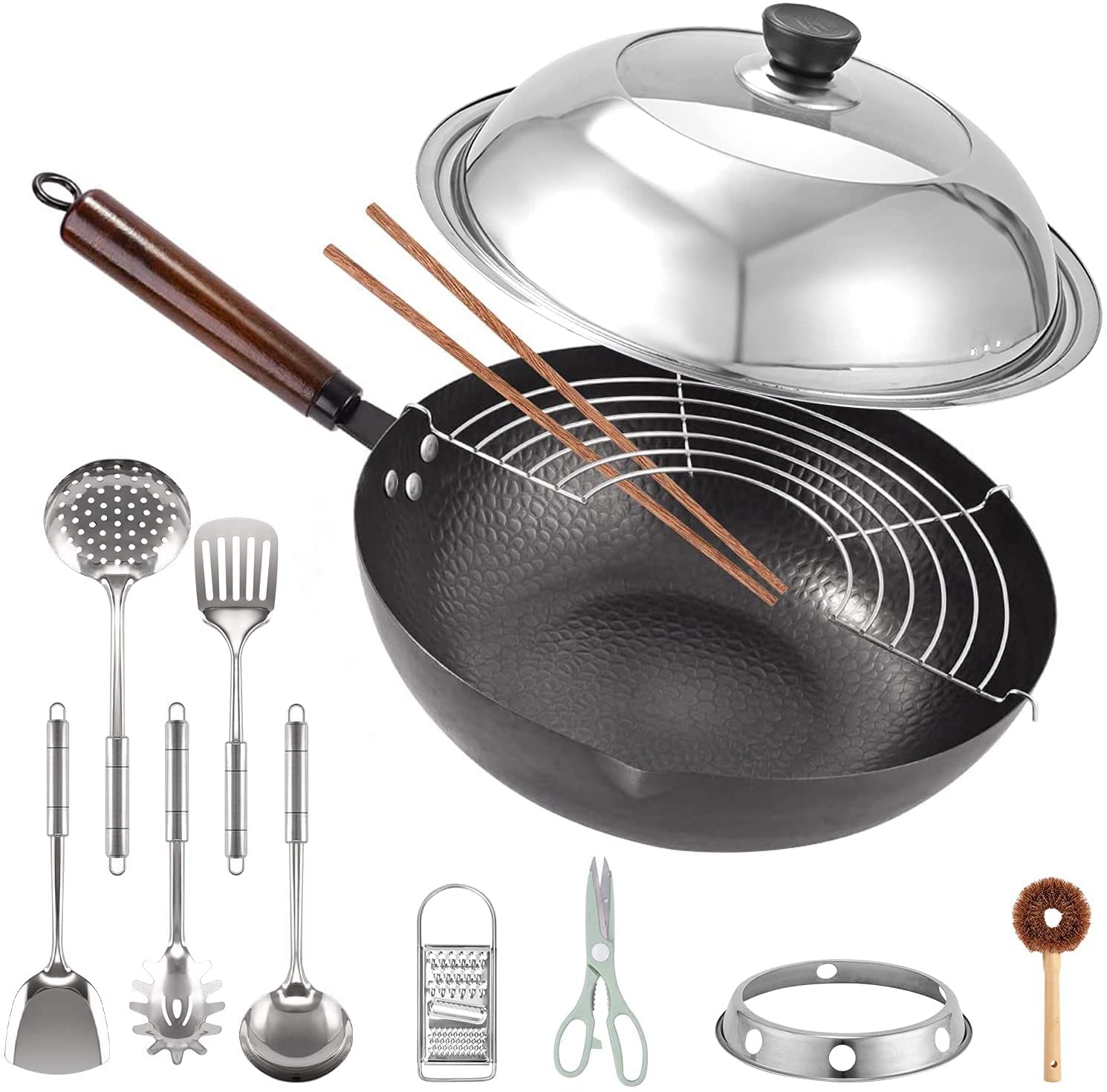 Premium Carbon Steel Wok Pan - 14 Inch Professional Chinese Stir Fry Skillet for Electric, Induction & Gas Stoves - Perfect for Stir-Frying, Deep Frying & Asian Cooking
