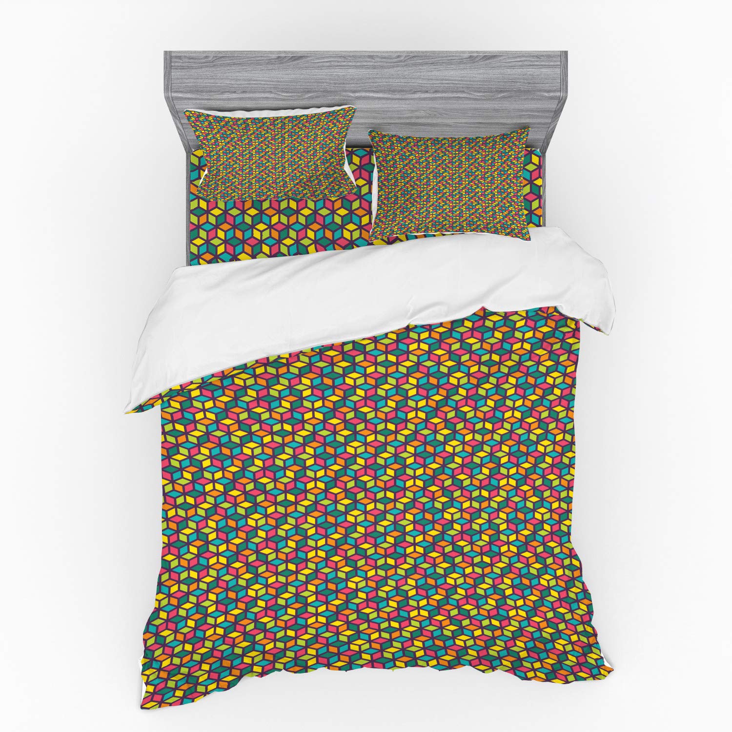 Ambesonne Geometric Bedding Set - Colorful Cubes & Funky Abstract Mosaic Pattern, 4-Piece Queen Duvet Cover Set with Shams & Fitted Sheet | Modern Home Decor for Bedroom, Guest Room & Dorm