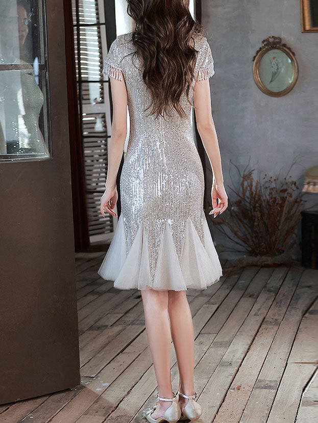Elegant Silver Sequin Ruffle Hem Cheongsam Qipao Dress for Women - Perfect for Chinese New Year, Wedding Banquet, and Special Occasions