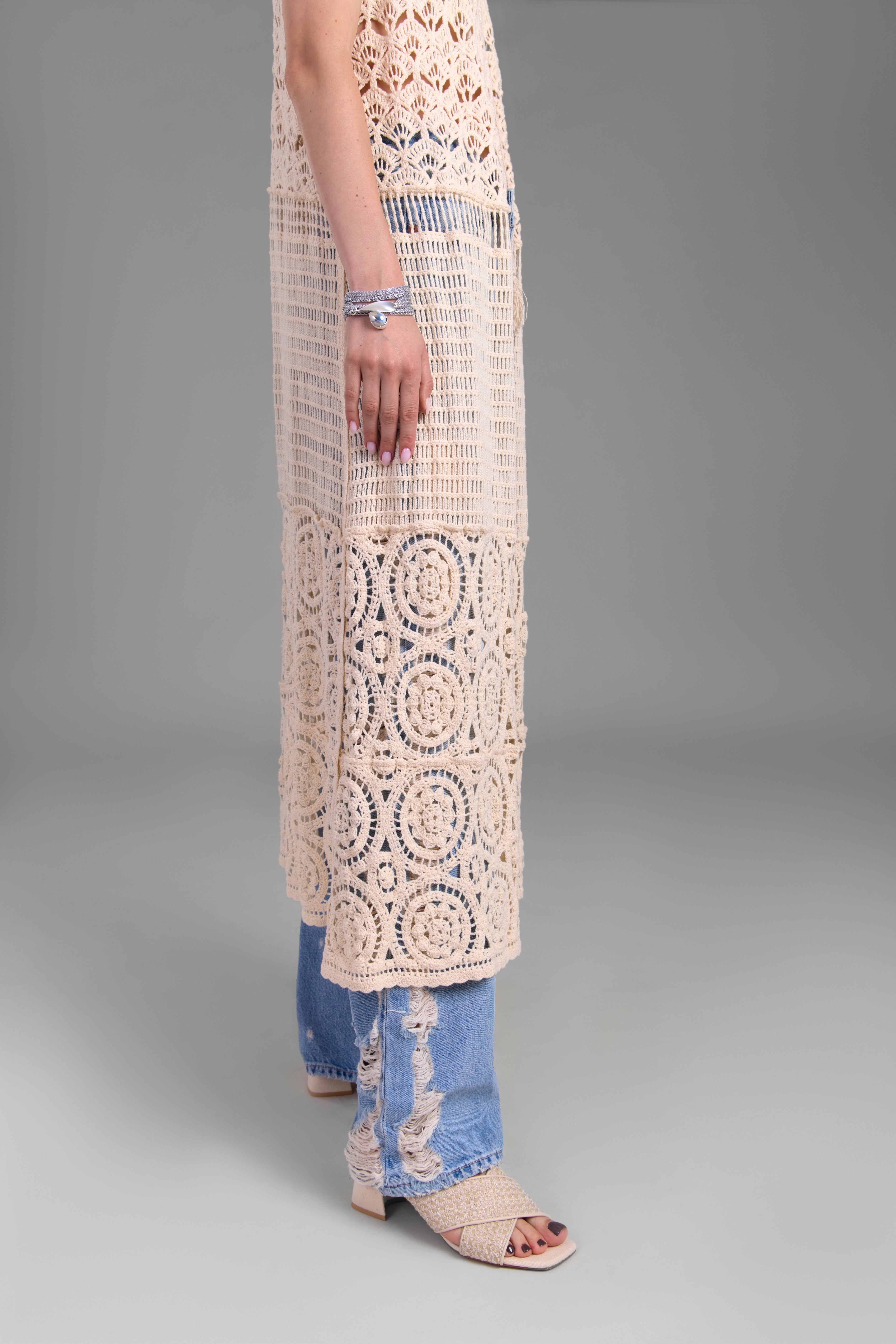 Elegant Crochet Tie Front Long Kimono Cardigan - Boho Chic Lace Cover Up for Women - Perfect for Beach, Festival, and Summer Outfits