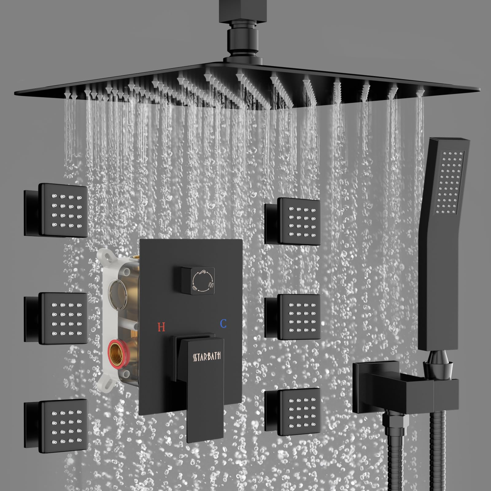 STARBATH 12 Inch Black Wall Mount Rainfall Shower System with Handheld Spray - Ceiling Mount Shower Jets & Mixer Combo Set (Includes Rough-in Valve & Trim) - Perfect for Modern Bathroom Renovation & Spa-like Shower Experience