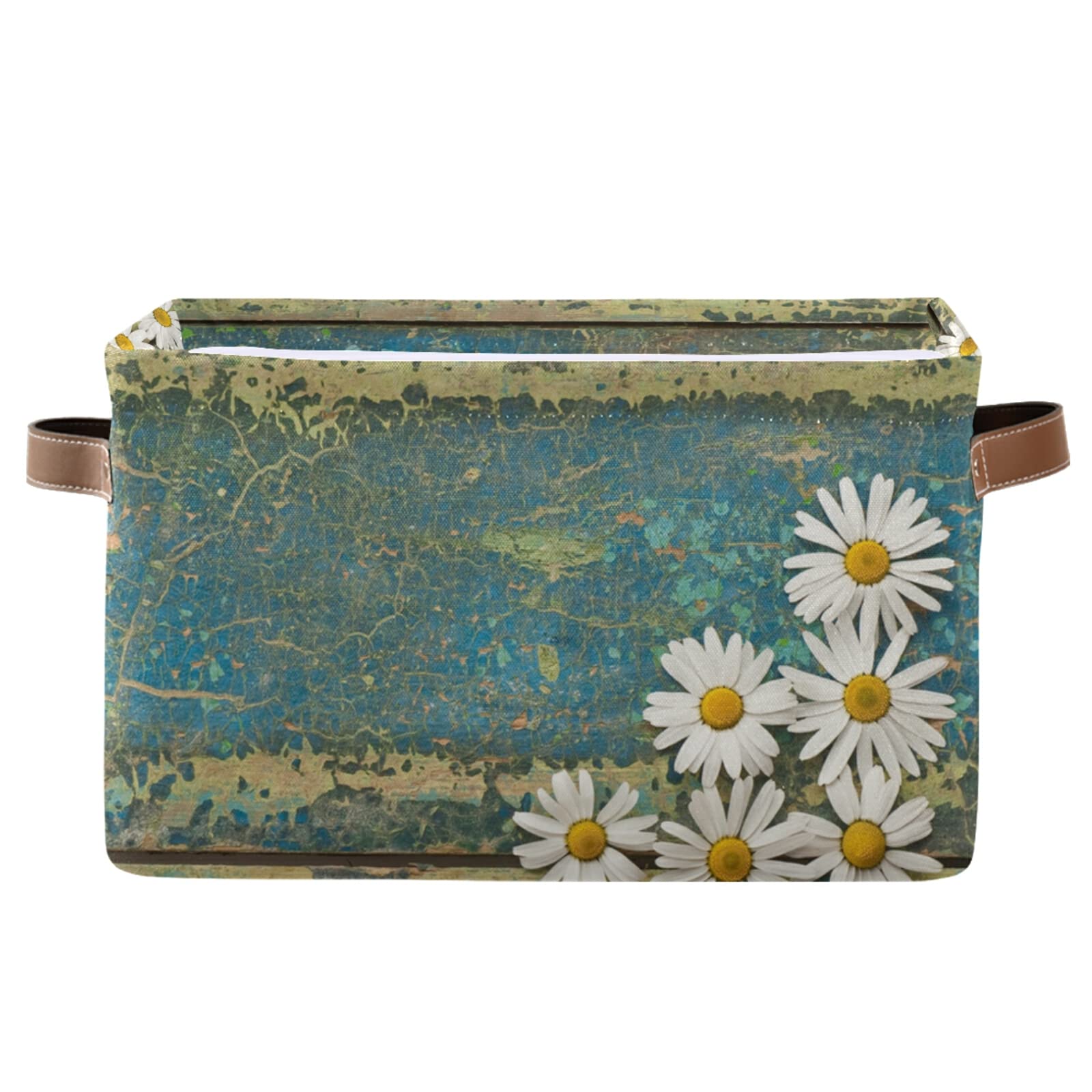 Floral Daisy Wood Storage Bin - Large Collapsible Canvas Storage Basket with Handles for Toys, Clothes & Home Organization - Perfect for Bedroom, Closet, Office & Shelves (1-Pack)